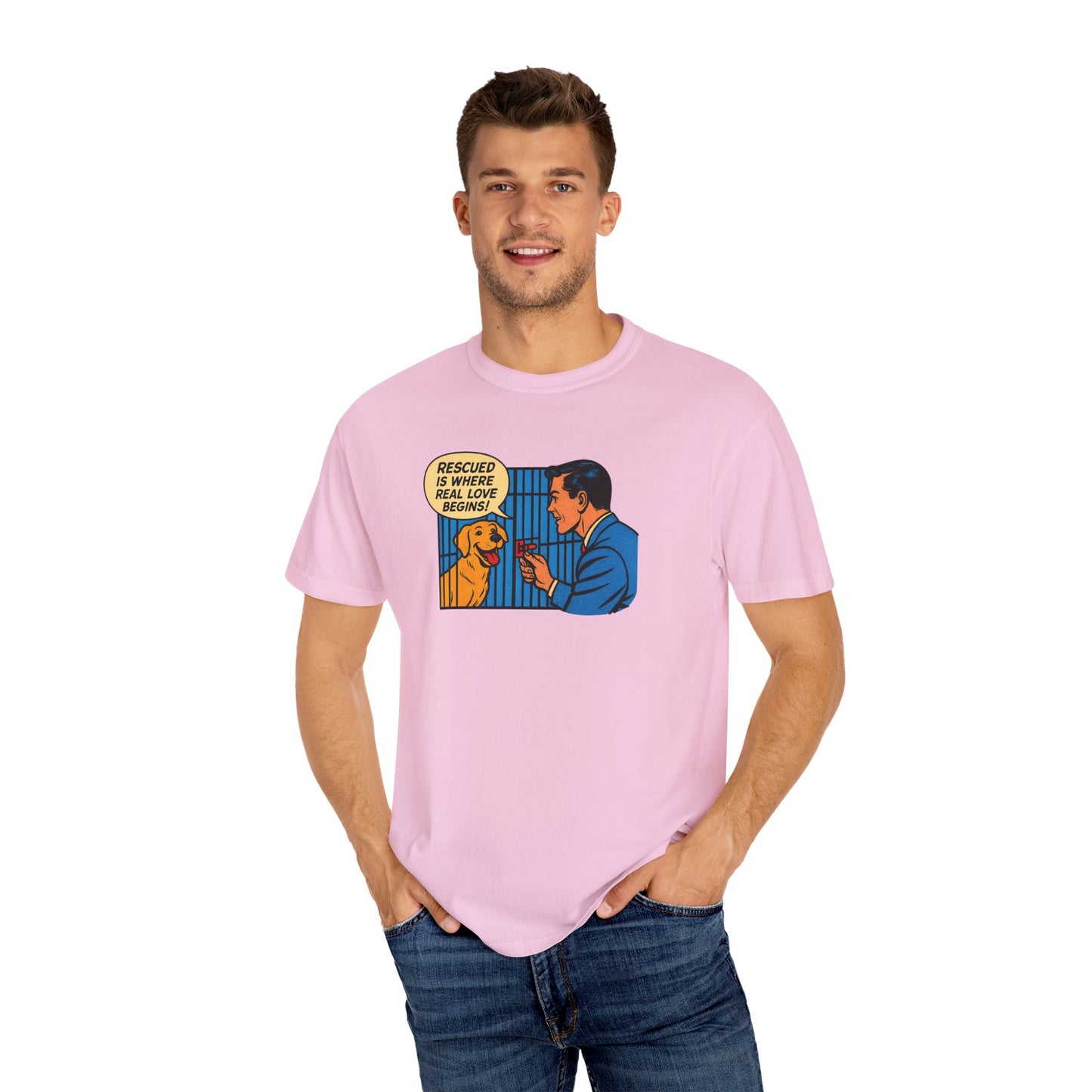 Rescued Is Where Real Love Begins Tee, Dog Lover T-Shirt, Vintage Style Animal Rights Shirt, Funny Pet Owner Gift, Animal Rescue Awareness Wear