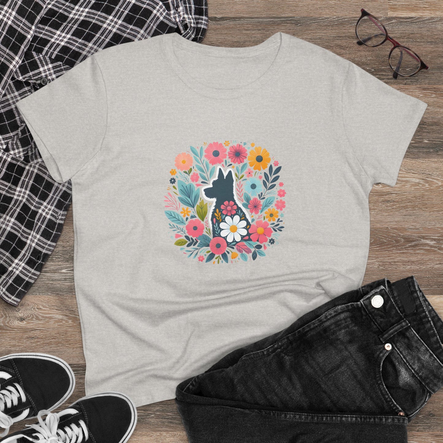 Floral Dog Silhouette Tee, Women's Cotton T-Shirt, Animal Lover Gift, Cute Summer Top, Pet Owner Apparel, Nature Inspired Design