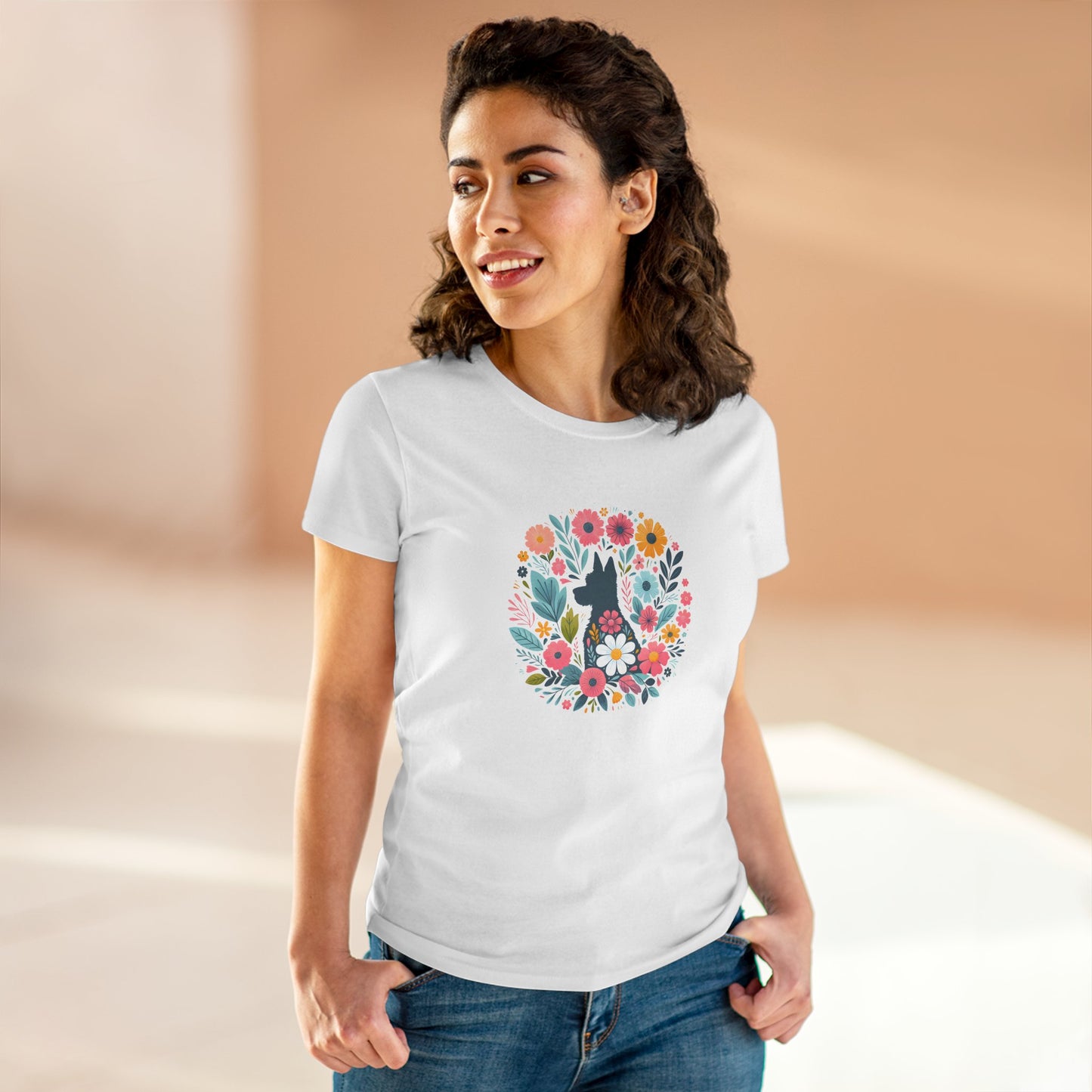 Floral Dog Silhouette Tee, Women's Cotton T-Shirt, Animal Lover Gift, Cute Summer Top, Pet Owner Apparel, Nature Inspired Design