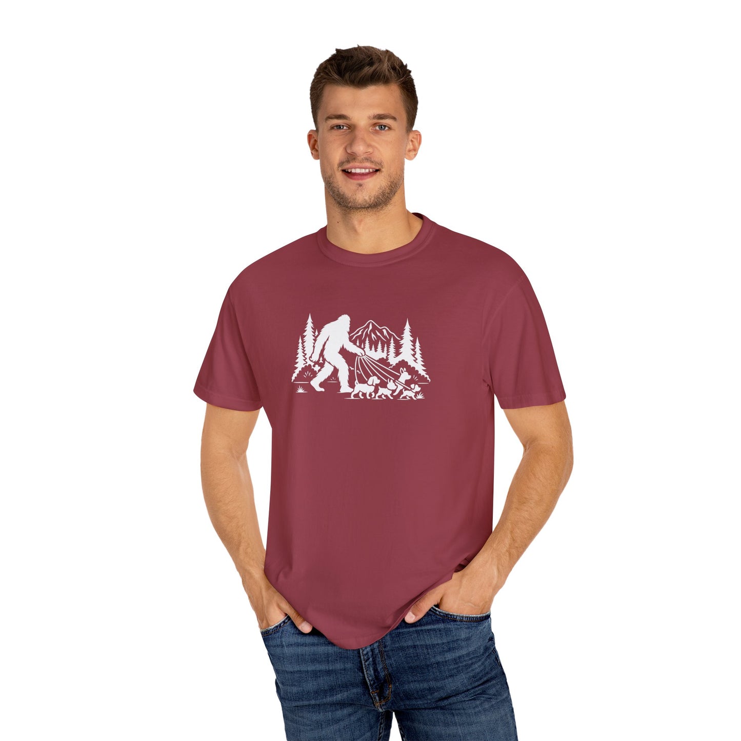Bigfoot dog walk T-Shirt with Outdoor Adventure Design
