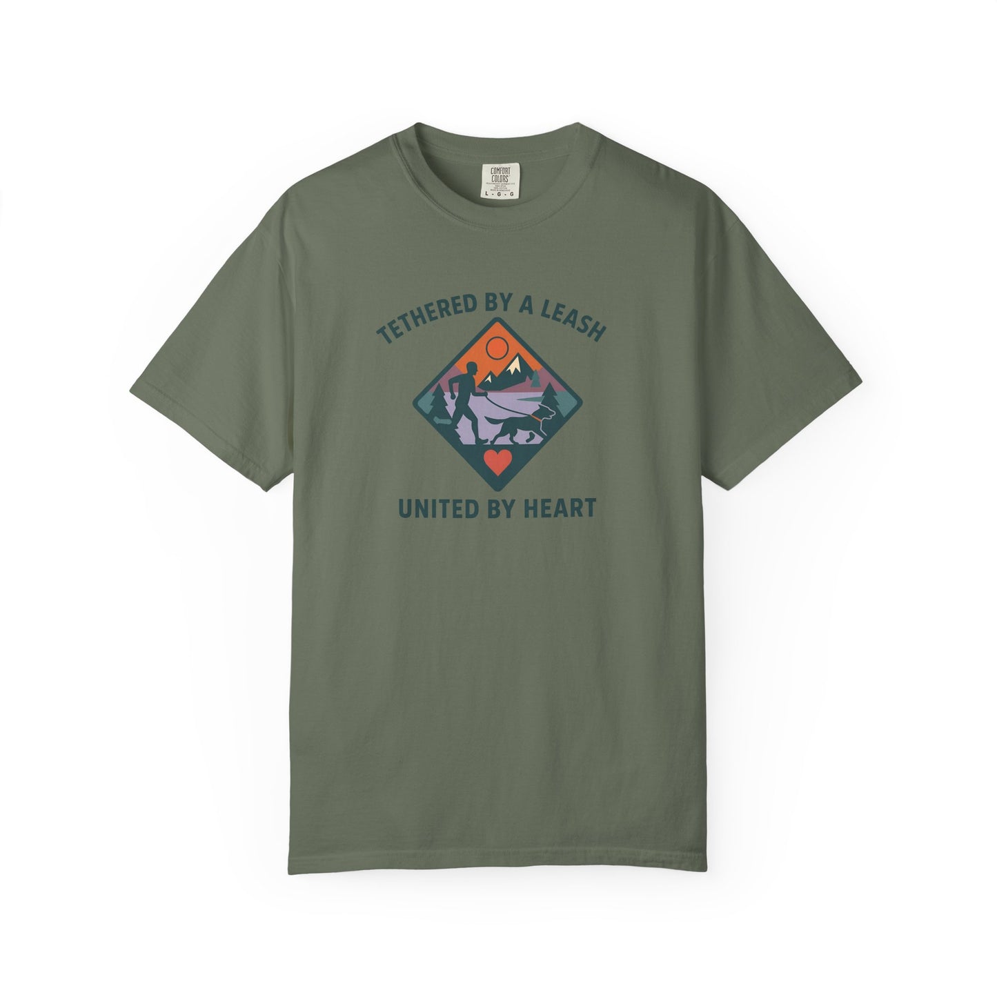 Canicross - Tethered by a Leash Unisex Garment-Dyed T-shirt - Adventure and Heart Design