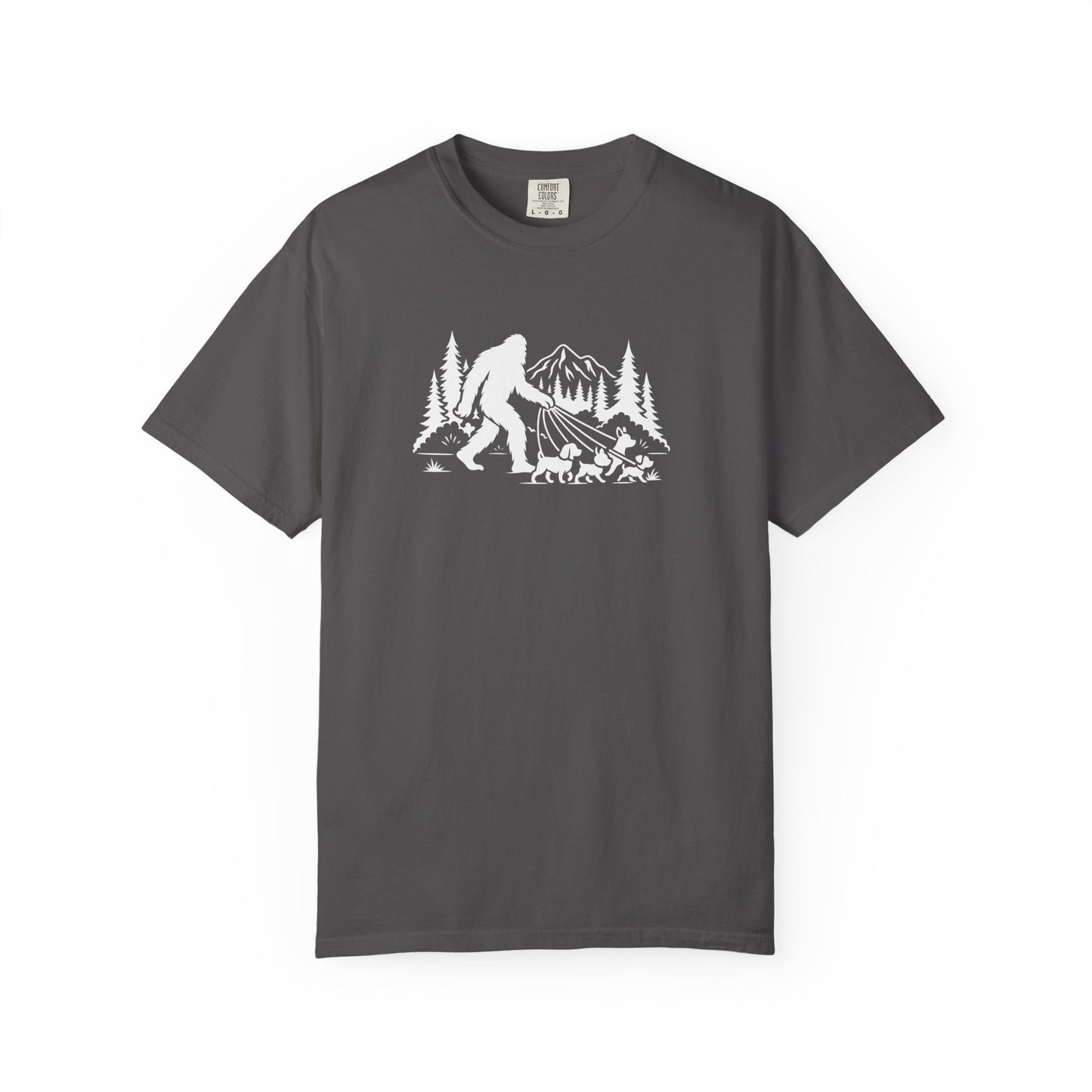 Bigfoot dog walk T-Shirt with Outdoor Adventure Design