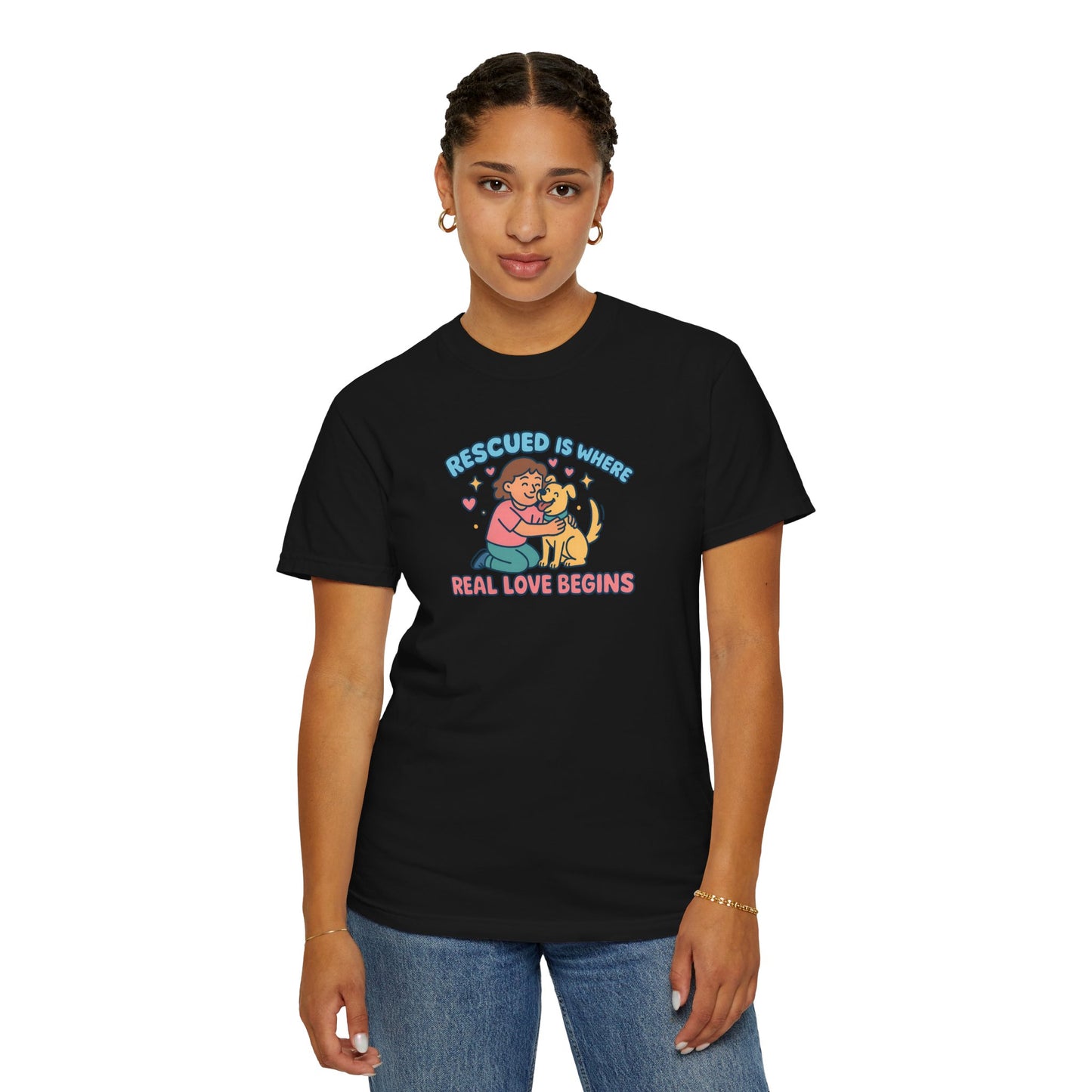 Rescued Is Where Real Love Begins Unisex T-Shirt - For Animal Lovers, Gift for Dog Owners, Adoption Awareness Tee, Casual Wear, Eco-Friendly Fashion