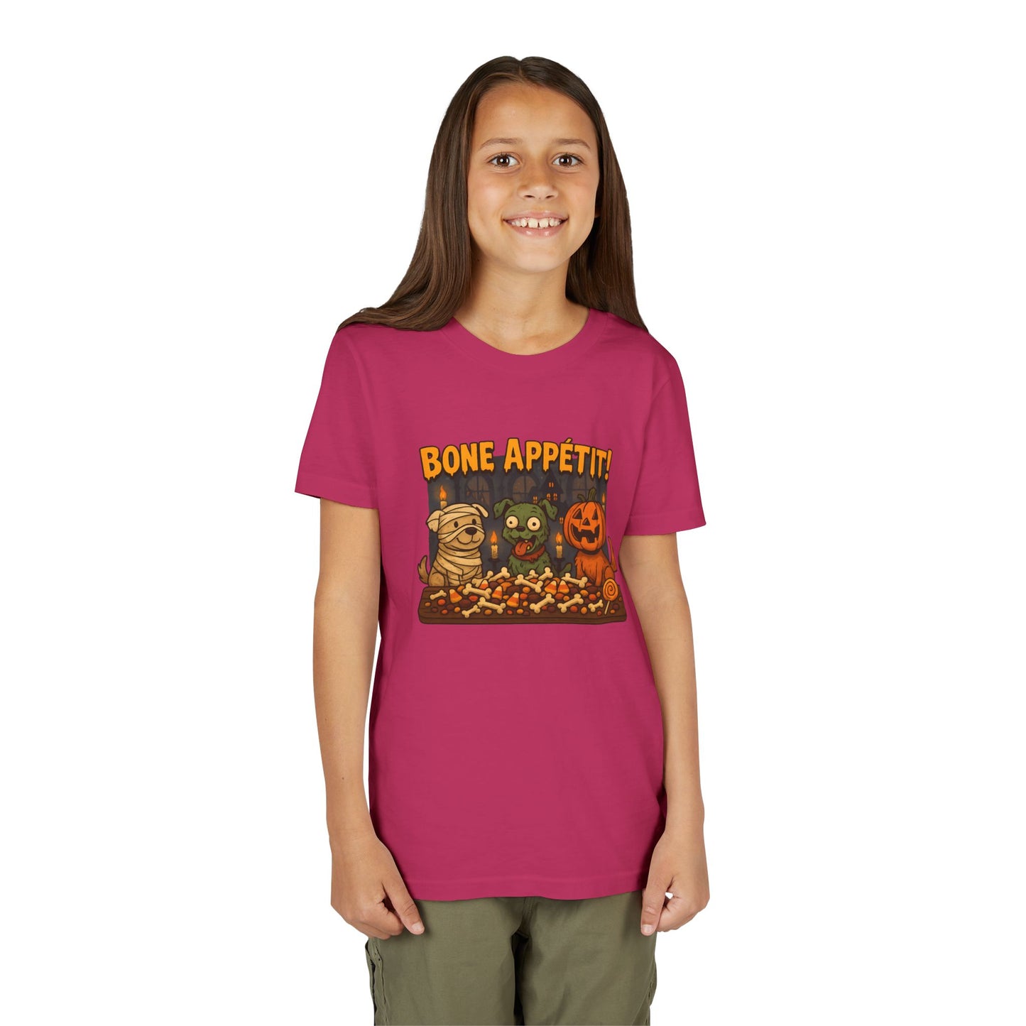 Halloween Kids Tee - Bone Appetit! Funny Short Sleeve Shirt for Trick or Treat, Spooky Season, Gift for Kids