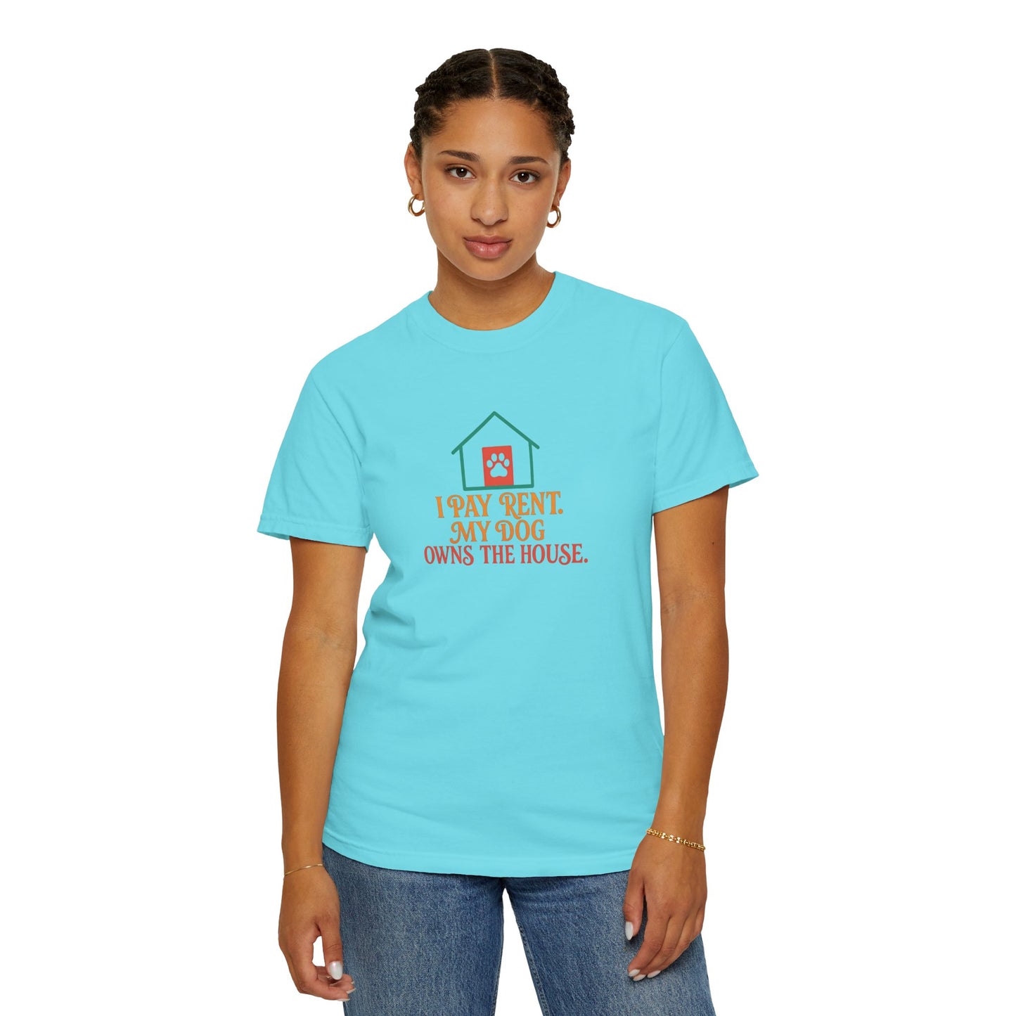 Dog Lover's Garment-Dyed Tee, I Pay Rent My Dog Owns the House Shirt, Pet Owner Gift, Funny Dog Shirt, Animal Lover Apparel