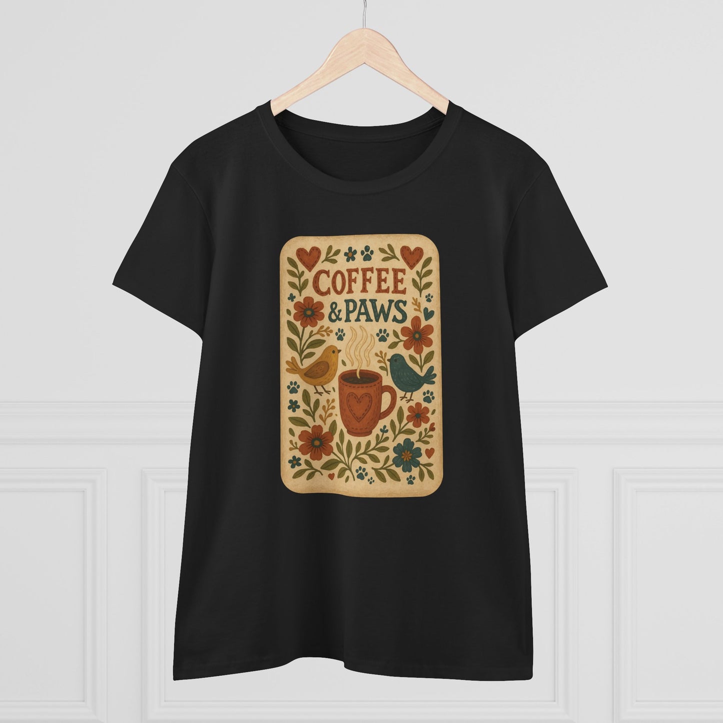 Coffee & Paws Women's Tee - Cozy Cotton Shirt for Pet Lovers, Casual Wear, Gift for Dog Owners, Dog Mom Merchandise, Animal Lover Tee
