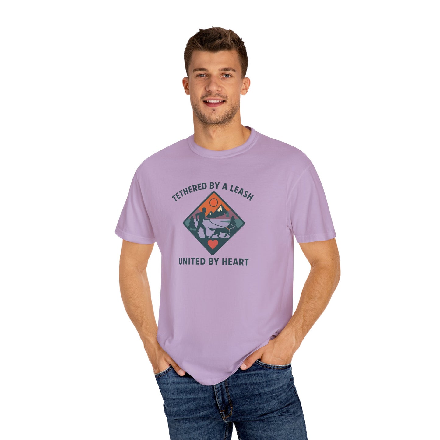 Canicross - Tethered by a Leash Unisex Garment-Dyed T-shirt - Adventure and Heart Design