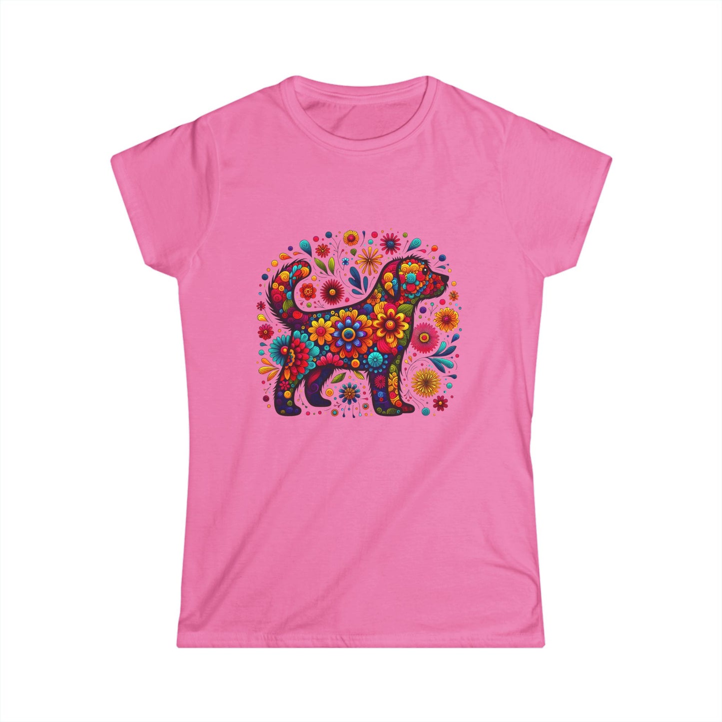 Women's Tee Colorful Dog and Flowers Artistic Design
