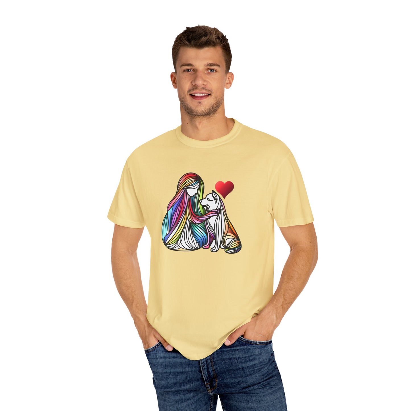 Colorful Dog Love Unisex T-Shirt - Garment-Dyed Cat & Woman Design