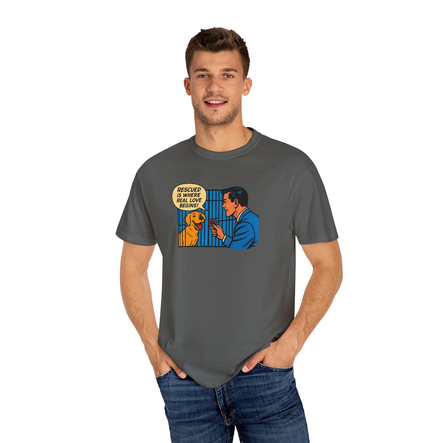 Rescued Is Where Real Love Begins Tee, Dog Lover T-Shirt, Vintage Style Animal Rights Shirt, Funny Pet Owner Gift, Animal Rescue Awareness Wear