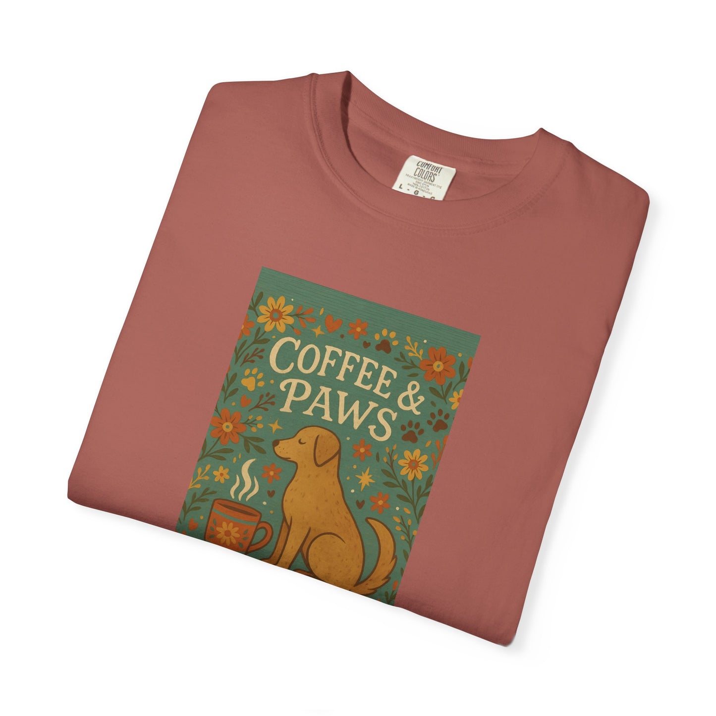 Coffee & Paws Unisex Garment-Dyed T-Shirt - Cute Dog Lovers Gift, Pet Owners Tee, Floral Design, Coffee Enthusiast Top, Casual Wear