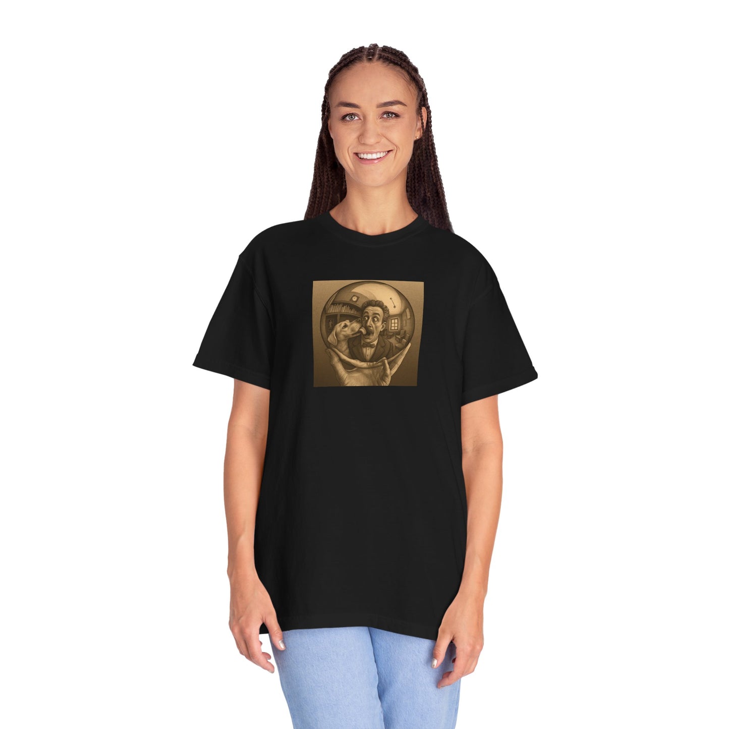 MC Escher and His Dog Unisex Garment-Dyed T-shirt - Retro Design for Creative Souls