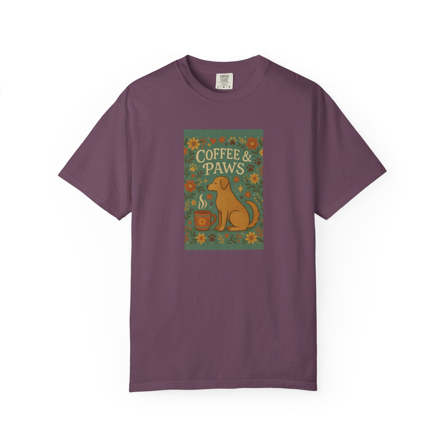 Coffee & Paws Unisex Garment-Dyed T-Shirt - Cute Dog Lovers Gift, Pet Owners Tee, Floral Design, Coffee Enthusiast Top, Casual Wear