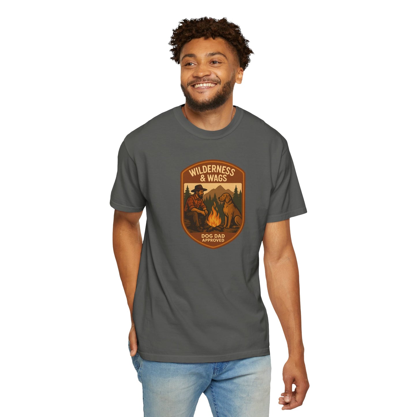 Wilderness & Wags Dog Dad Unisex T-Shirt, Dog Lover Gift, Camping Tee, Father’s Day Apparel, Nature-Inspired Shirt