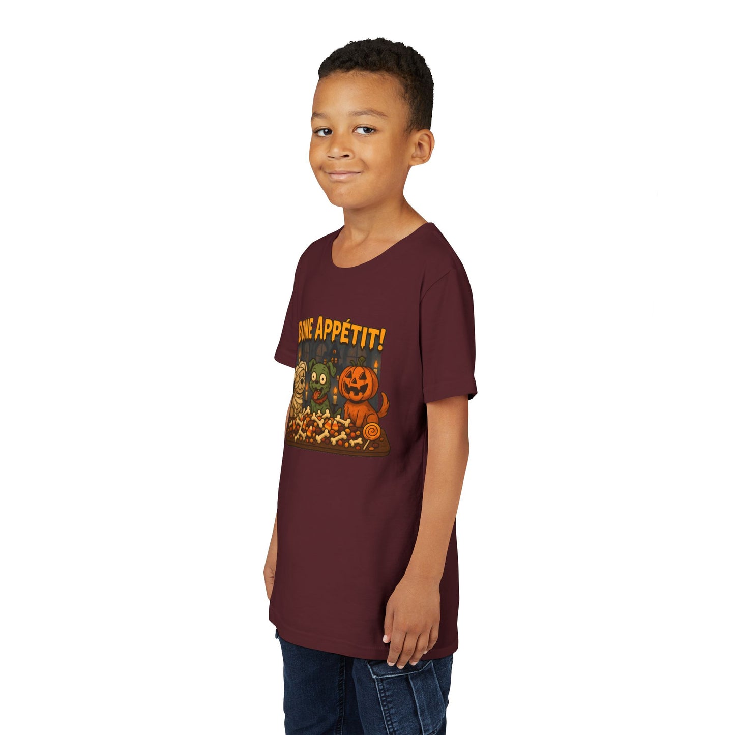 Halloween Kids Tee - Bone Appetit! Funny Short Sleeve Shirt for Trick or Treat, Spooky Season, Gift for Kids