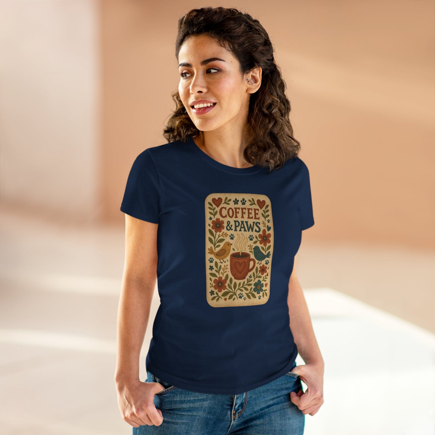 Coffee & Paws Women's Tee - Cozy Cotton Shirt for Pet Lovers, Casual Wear, Gift for Dog Owners, Dog Mom Merchandise, Animal Lover Tee