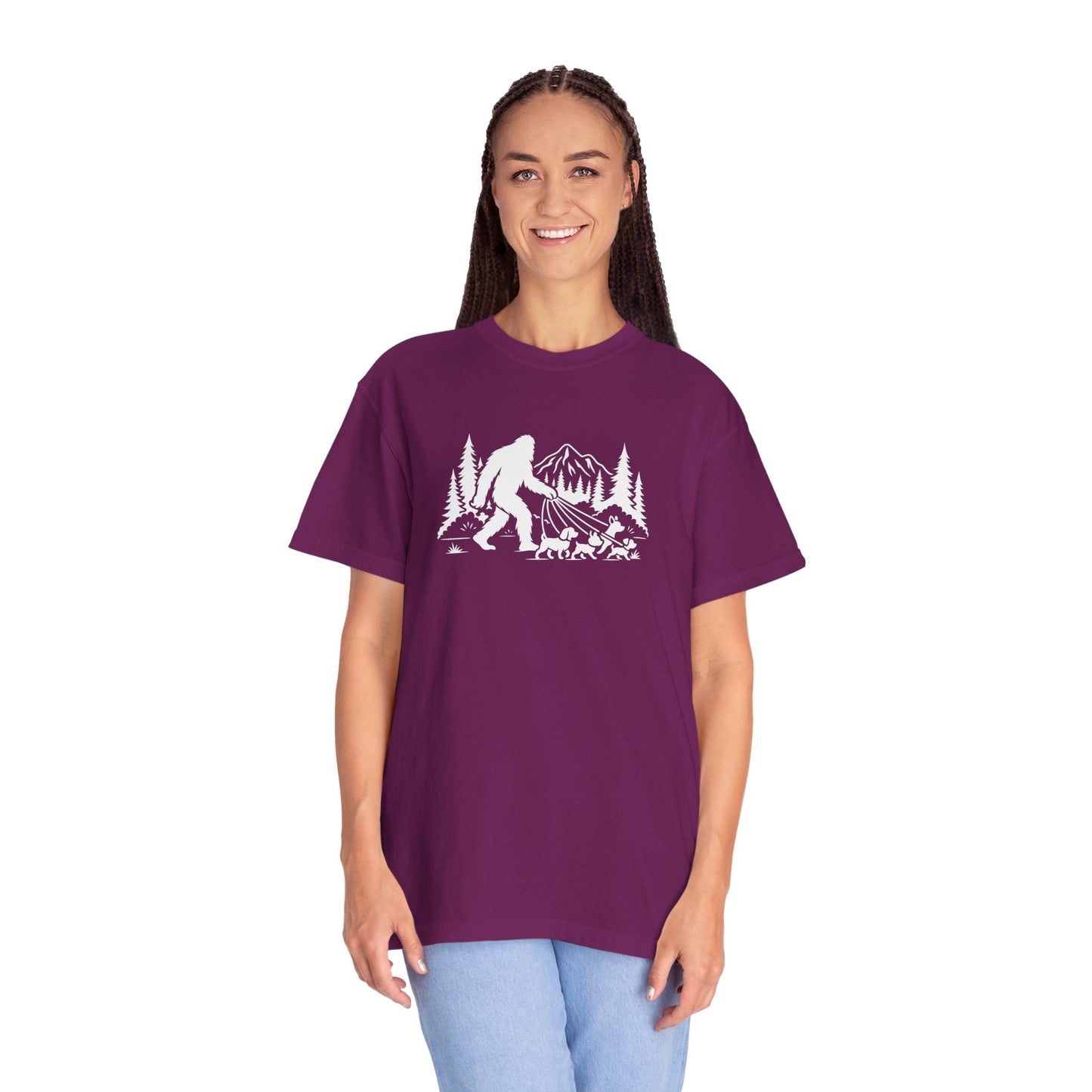 Bigfoot dog walk T-Shirt with Outdoor Adventure Design
