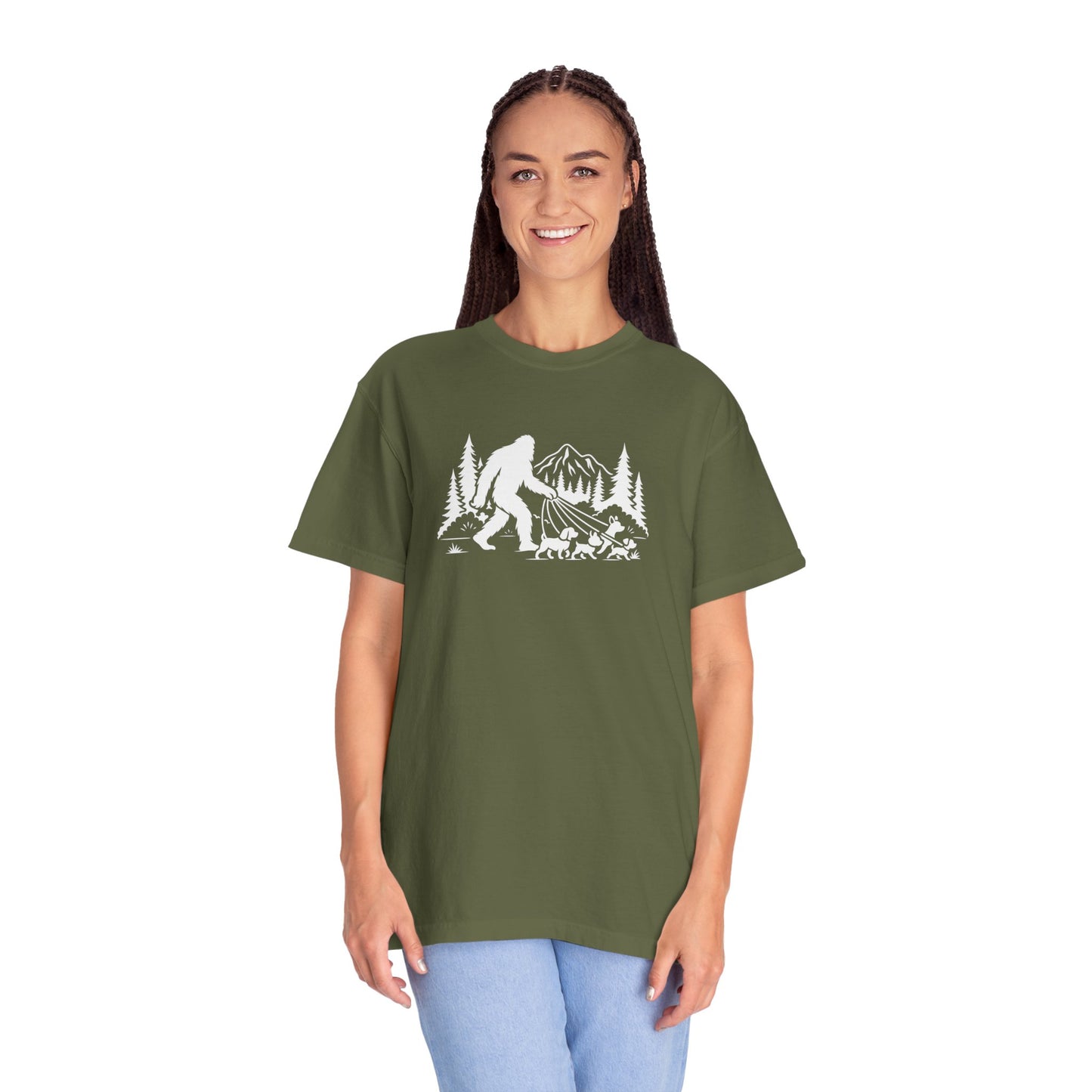 Bigfoot dog walk T-Shirt with Outdoor Adventure Design