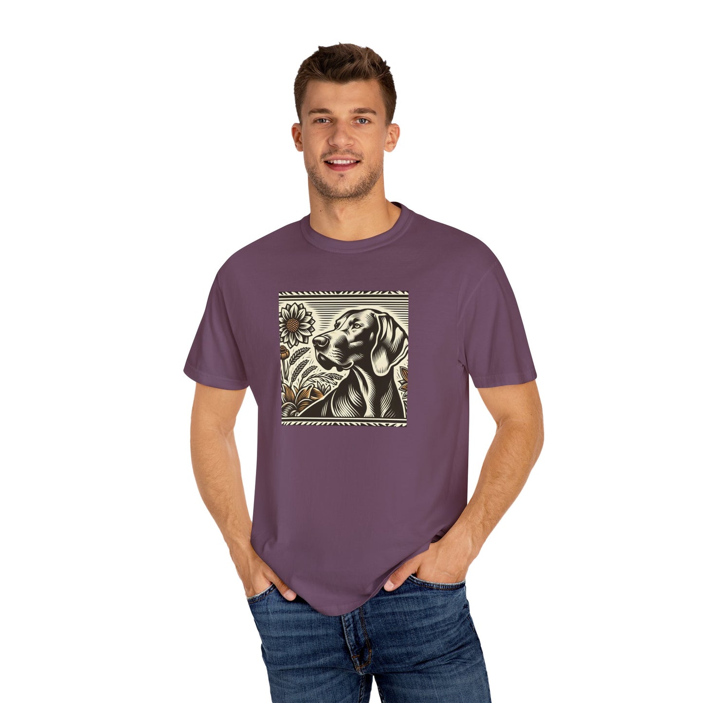 Weimaraner Dog Lover's Unisex Garment-Dyed T-Shirt with Floral Design