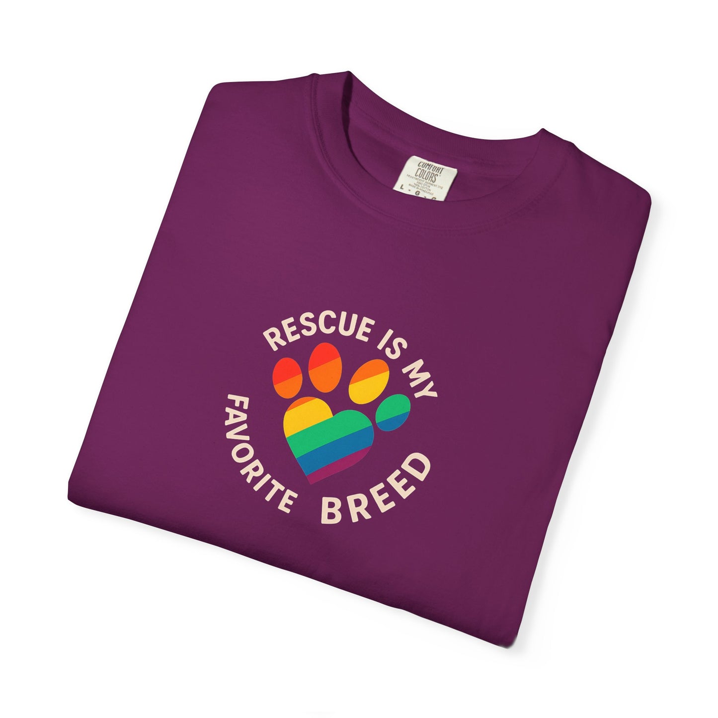 Rescue Is My Favorite Breed T-Shirt, Unisex Rainbow Dog Lover Tee, Pet Adoption Shirt, LGBTQ+ Apparel, Gift for Animal Lovers
