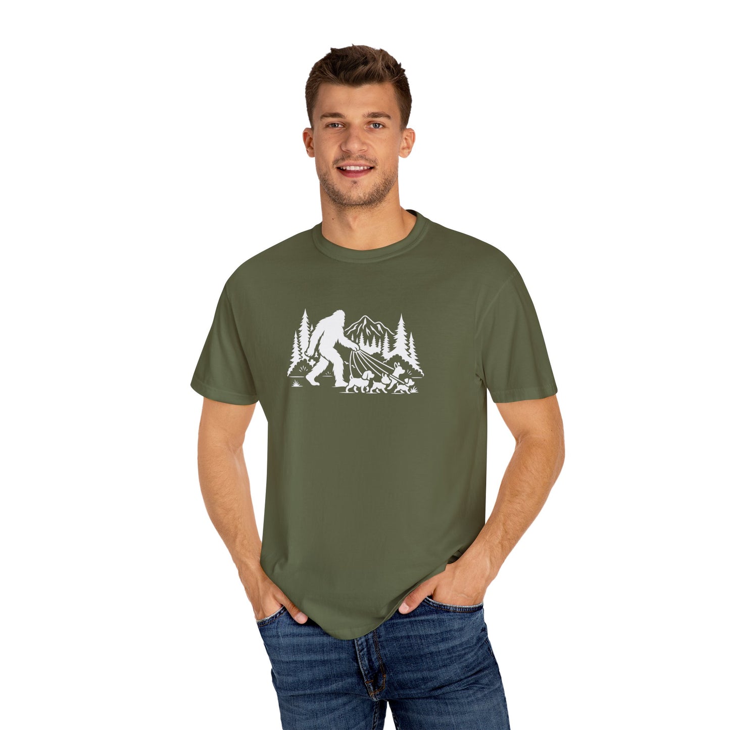 Bigfoot dog walk T-Shirt with Outdoor Adventure Design