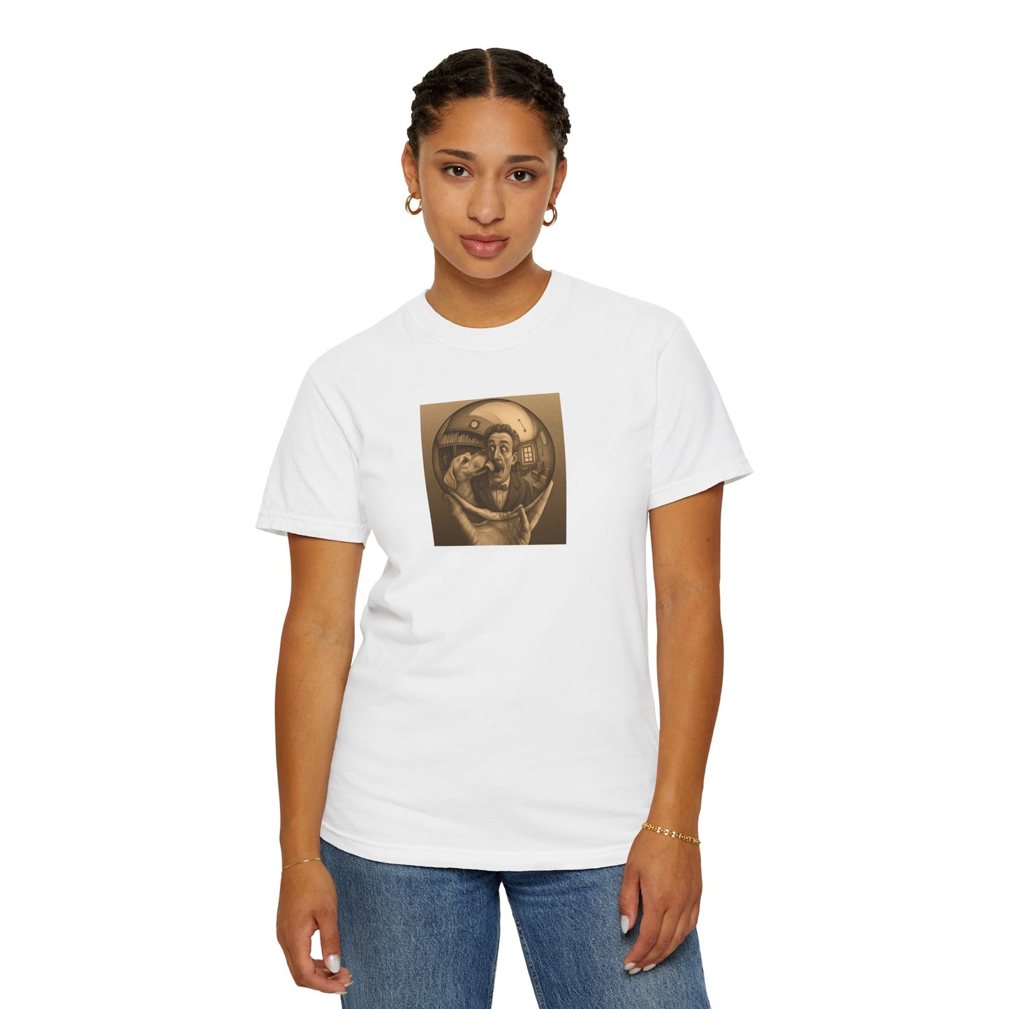MC Escher and His Dog Unisex Garment-Dyed T-shirt - Retro Design for Creative Souls