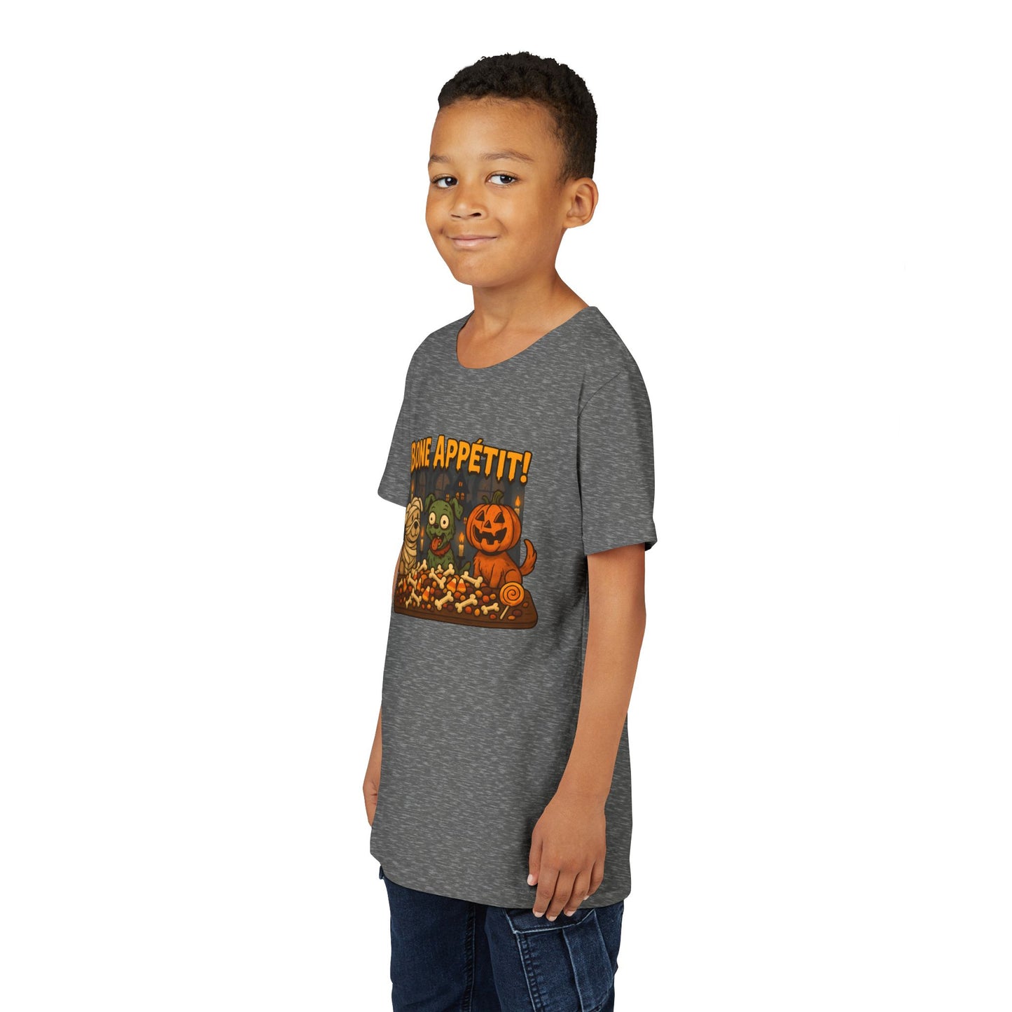 Halloween Kids Tee - Bone Appetit! Funny Short Sleeve Shirt for Trick or Treat, Spooky Season, Gift for Kids