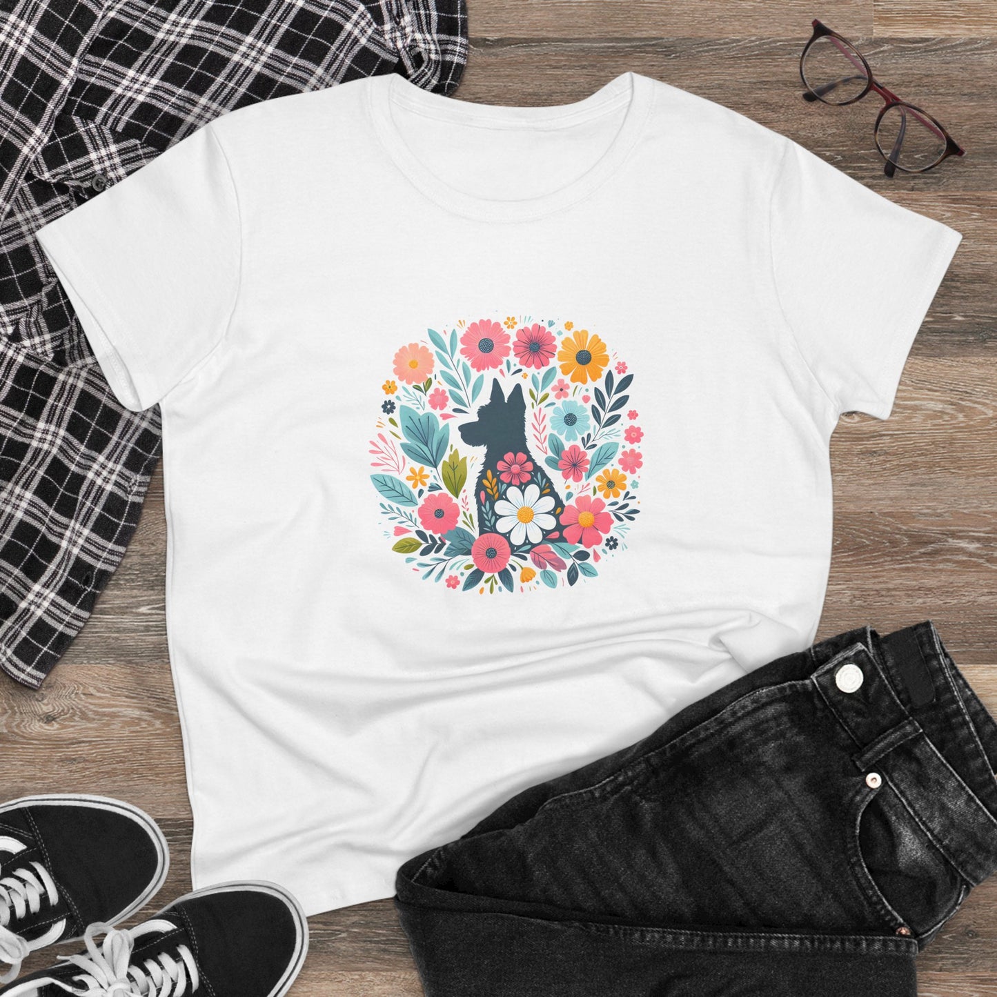Floral Dog Silhouette Tee, Women's Cotton T-Shirt, Animal Lover Gift, Cute Summer Top, Pet Owner Apparel, Nature Inspired Design