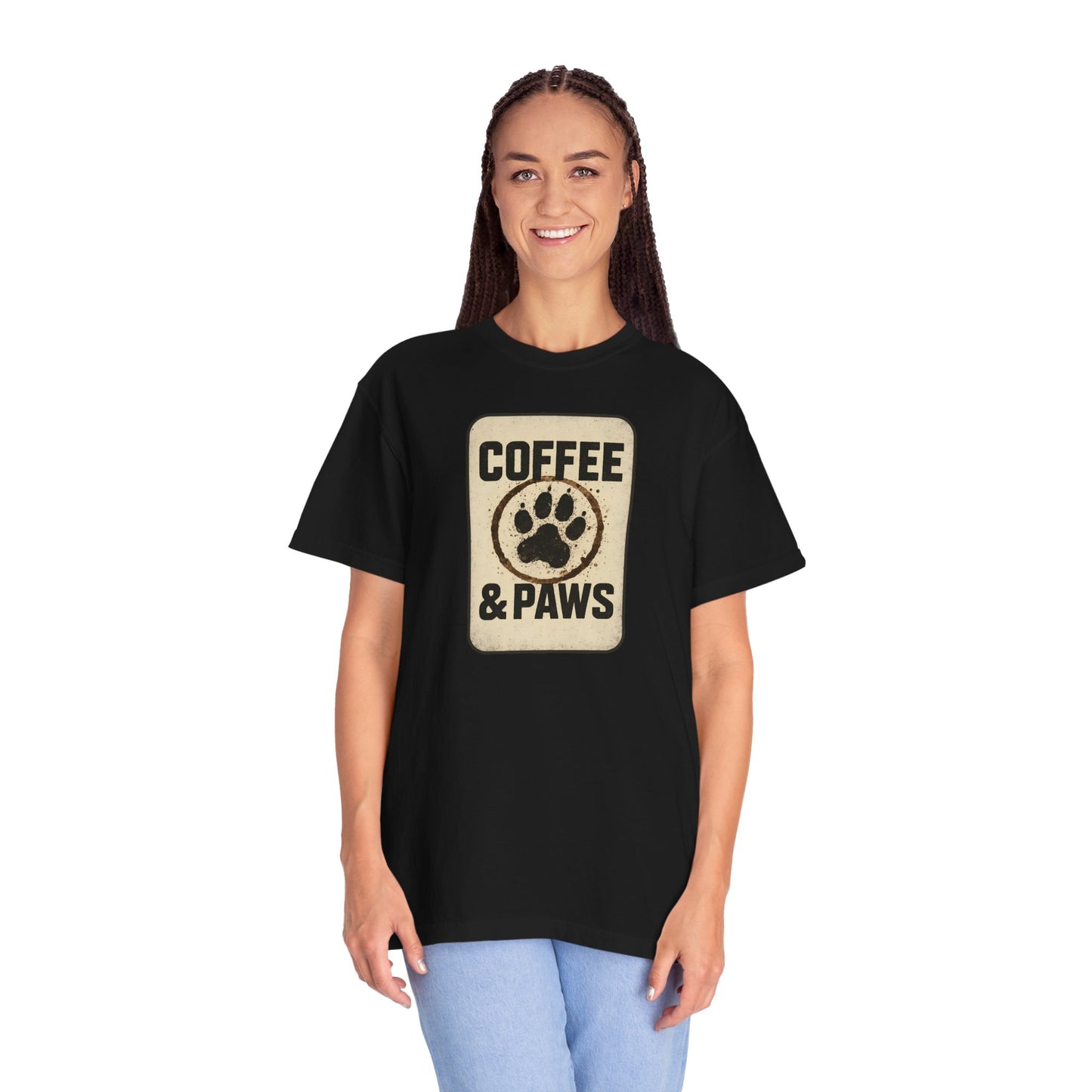 Coffee & Paws Unisex Garment-Dyed T-shirt, Dog Lover Tee, Pet Owner Gift, Coffee Lover Shirt, Animal Enthusiast Apparel, Casual Wear