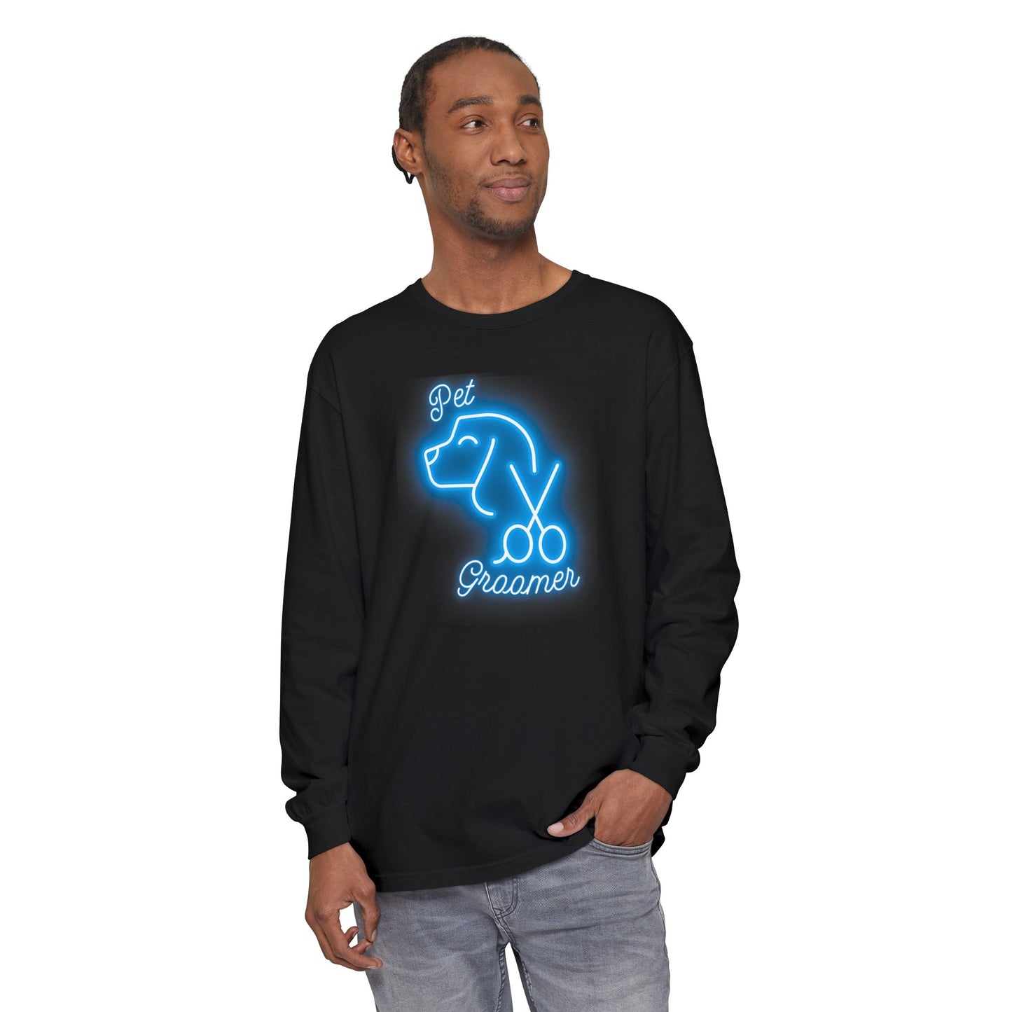 Neon Blue Pet Groomer Long Sleeve T-Shirt - Perfect for Dog Lovers