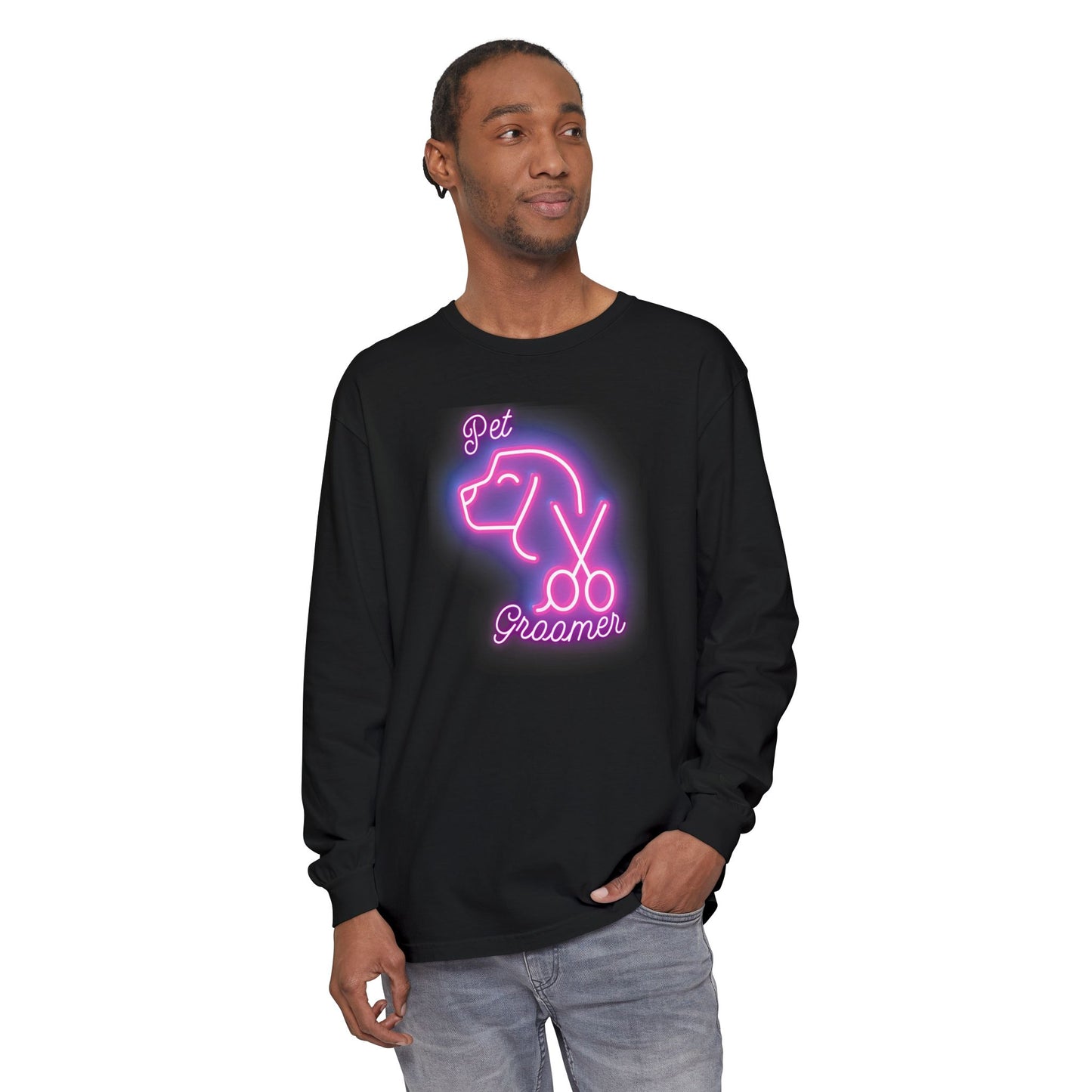 Pink Neon Pet Groomer Long Sleeve T-Shirt - Cute Neon Design for Animal Lovers