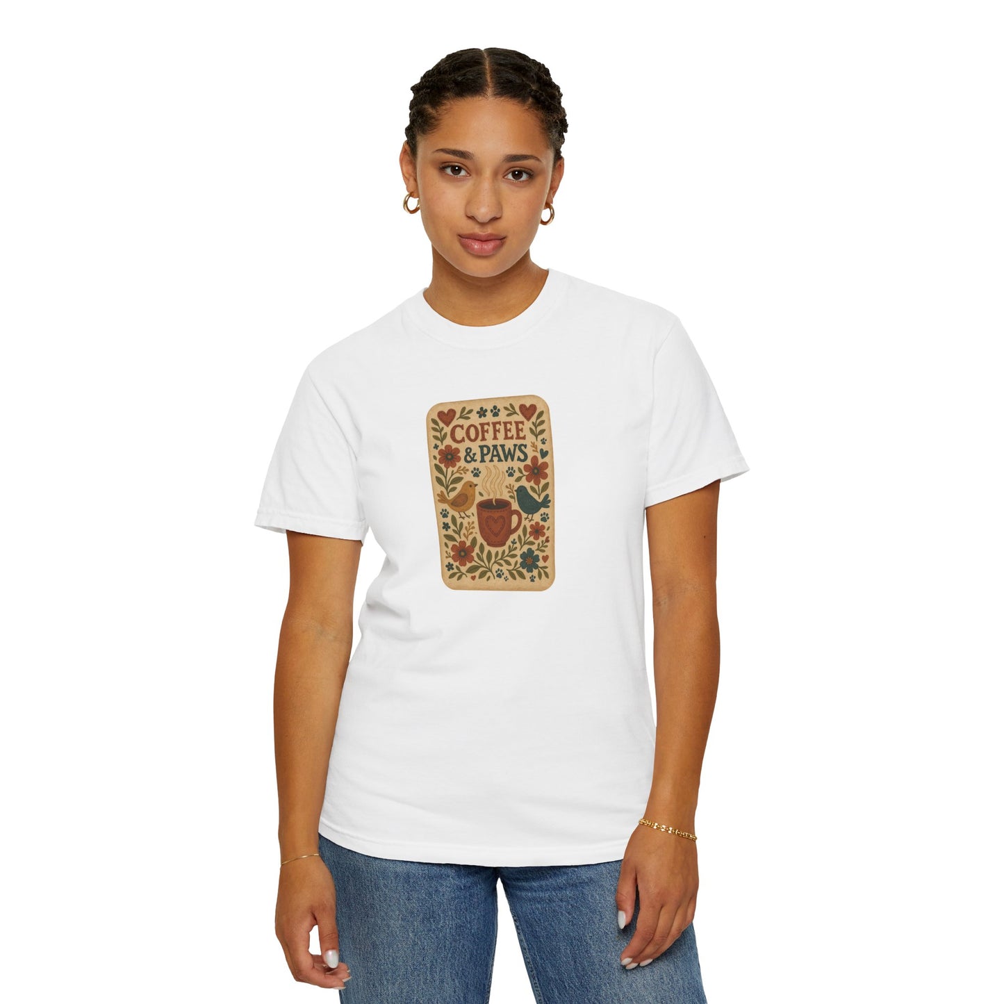 Coffee and Paws Unisex T-Shirt | Cute Pet Lover Tee, Gift for Dog Owners, Casual Wear, Animal Lover Apparel, Perfect for Coffee Lovers