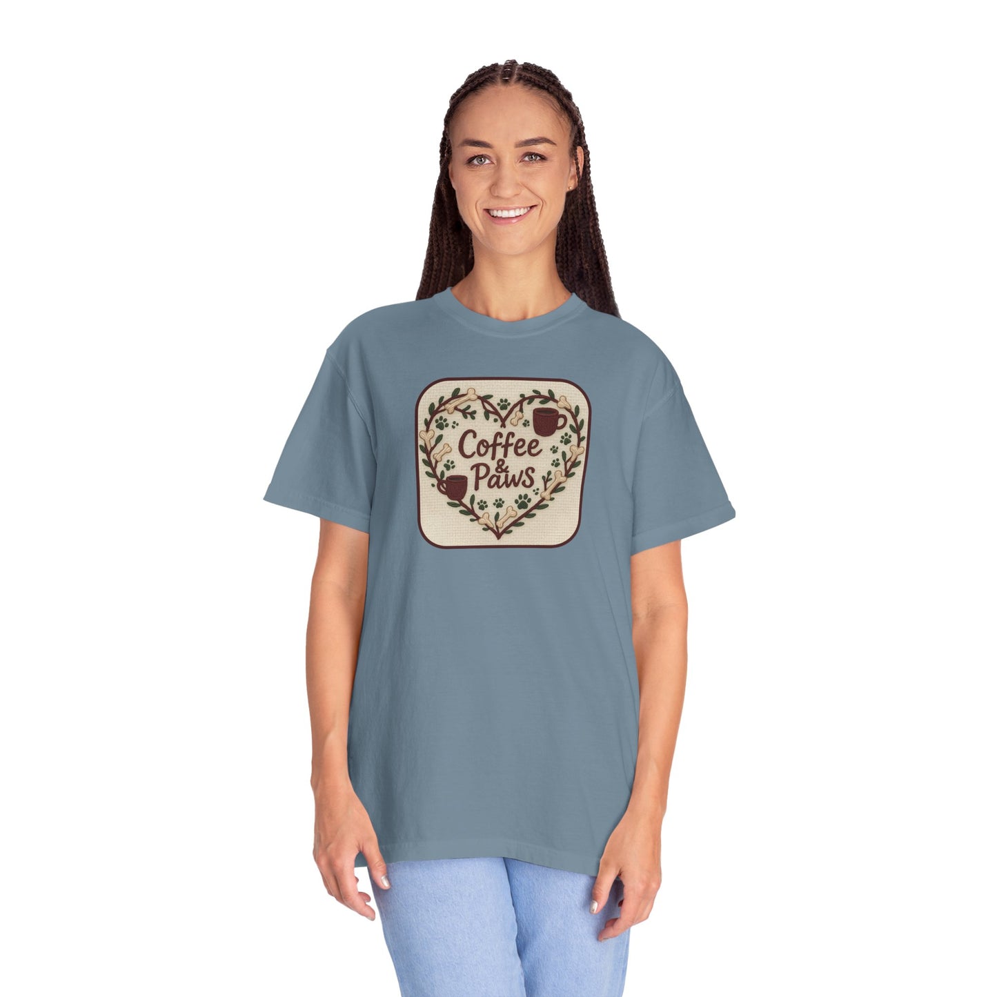 Coffee Paws Unisex Garment-Dyed T-shirt, Cute Coffee Lover Tee, Gift for Dog Owners, Nature-Inspired Shirt, Cozy Casual Wear
