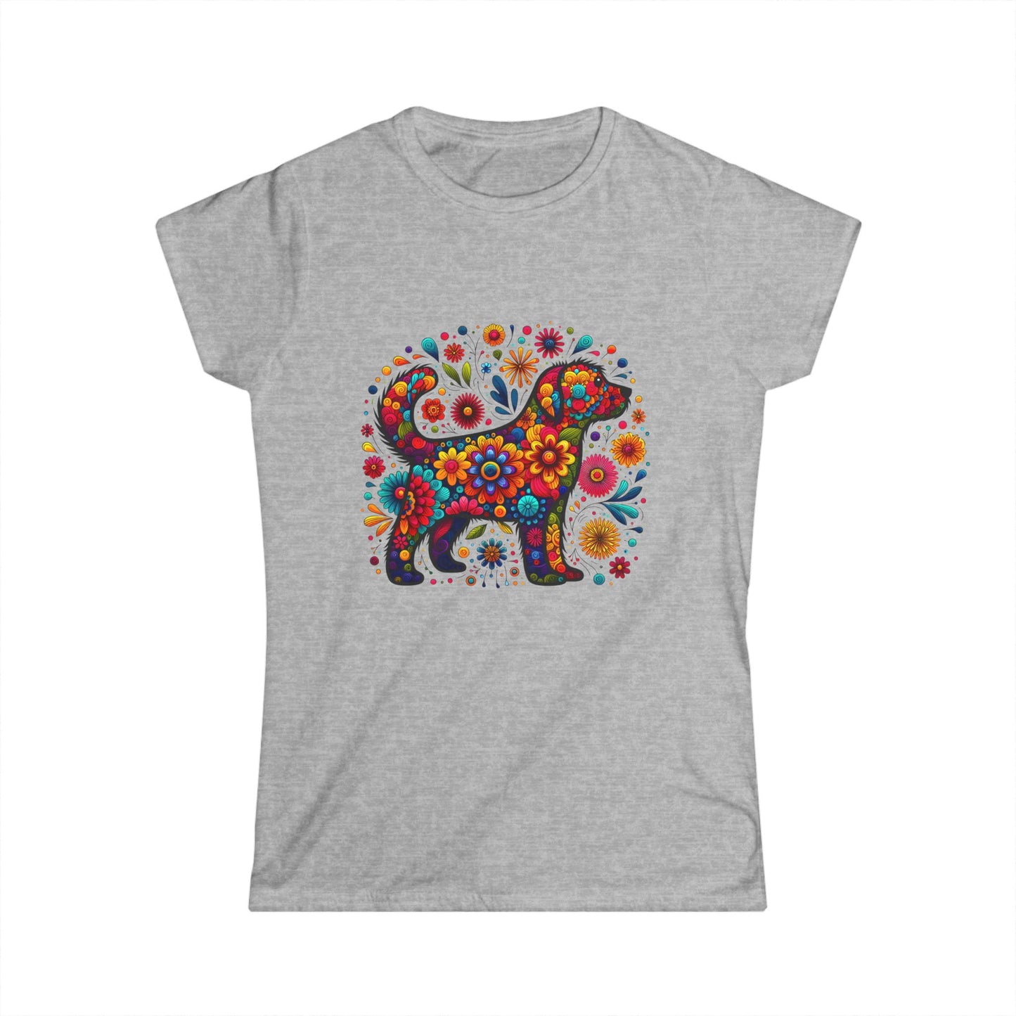 Women's Tee Colorful Dog and Flowers Artistic Design