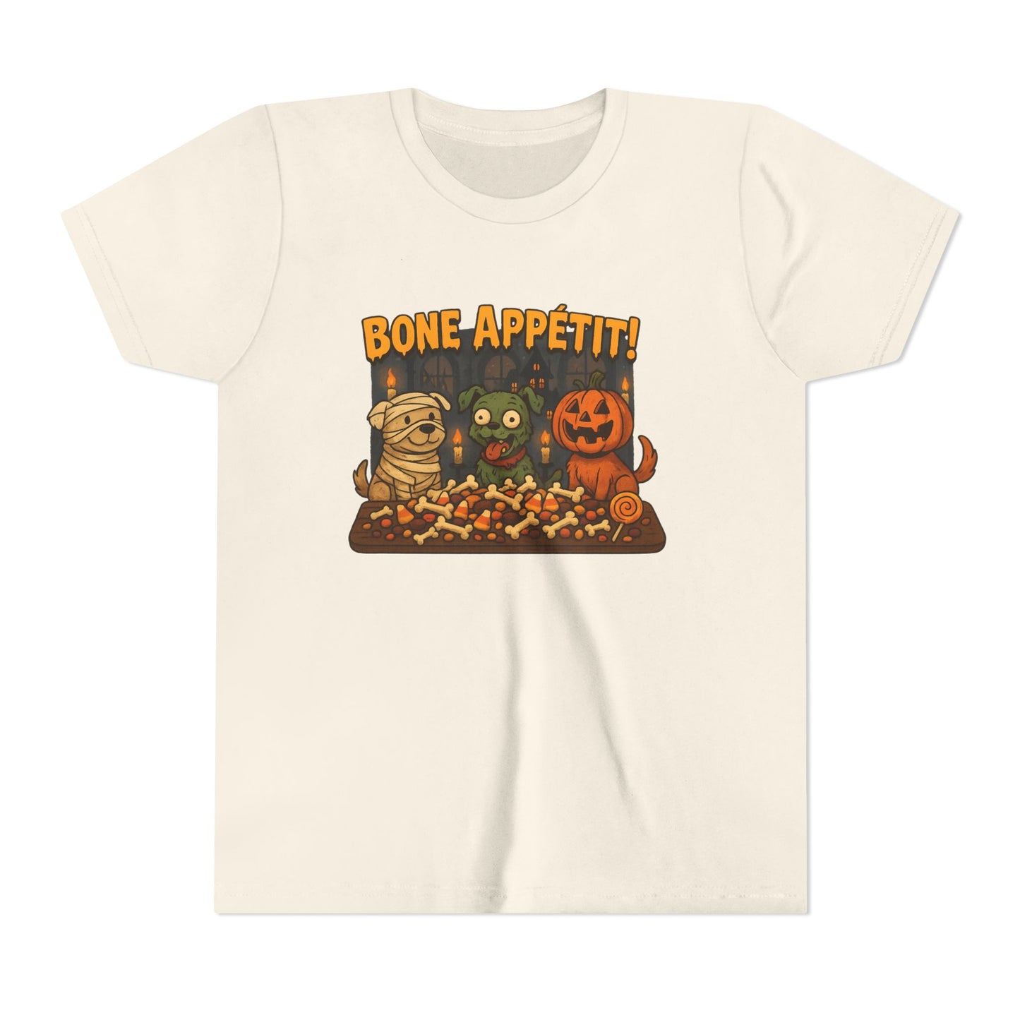 Halloween Kids Tee - Bone Appetit! Funny Short Sleeve Shirt for Trick or Treat, Spooky Season, Gift for Kids
