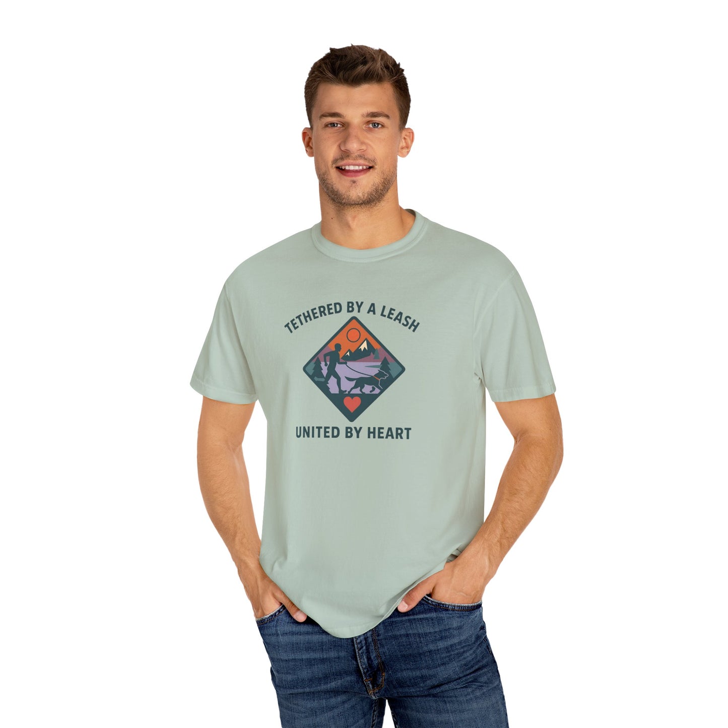 Canicross - Tethered by a Leash Unisex Garment-Dyed T-shirt - Adventure and Heart Design