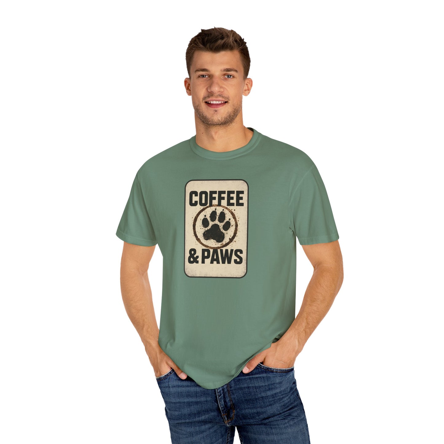 Coffee & Paws Unisex Garment-Dyed T-shirt, Dog Lover Tee, Pet Owner Gift, Coffee Lover Shirt, Animal Enthusiast Apparel, Casual Wear