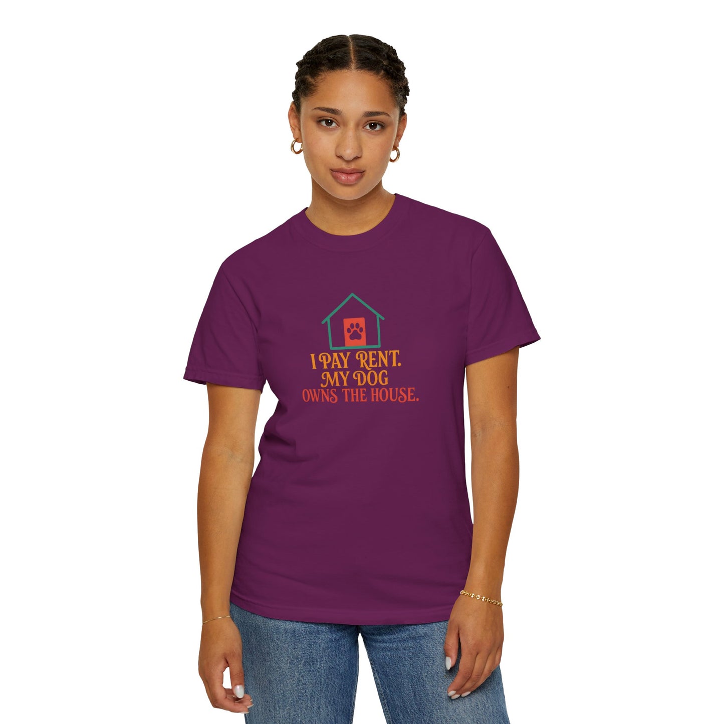 Dog Lover's Garment-Dyed Tee, I Pay Rent My Dog Owns the House Shirt, Pet Owner Gift, Funny Dog Shirt, Animal Lover Apparel
