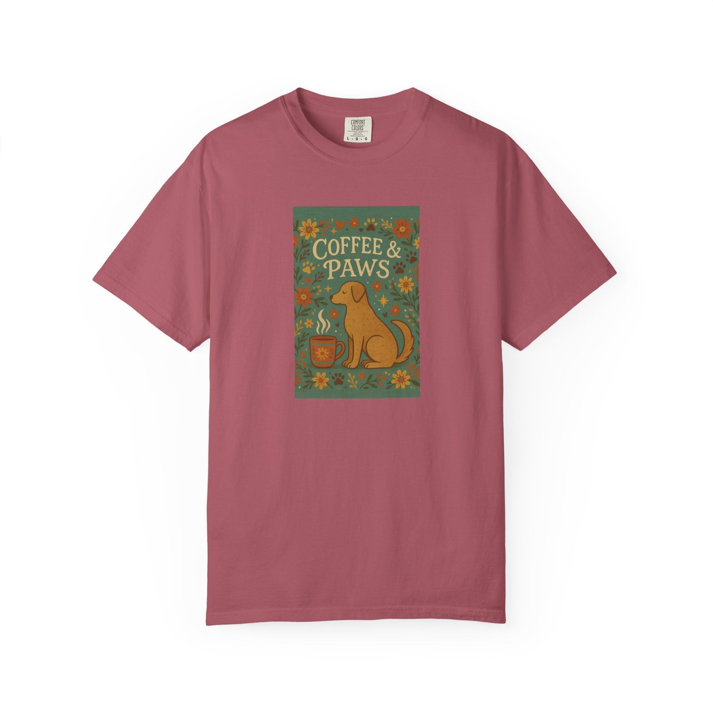 Coffee & Paws Unisex Garment-Dyed T-Shirt - Cute Dog Lovers Gift, Pet Owners Tee, Floral Design, Coffee Enthusiast Top, Casual Wear