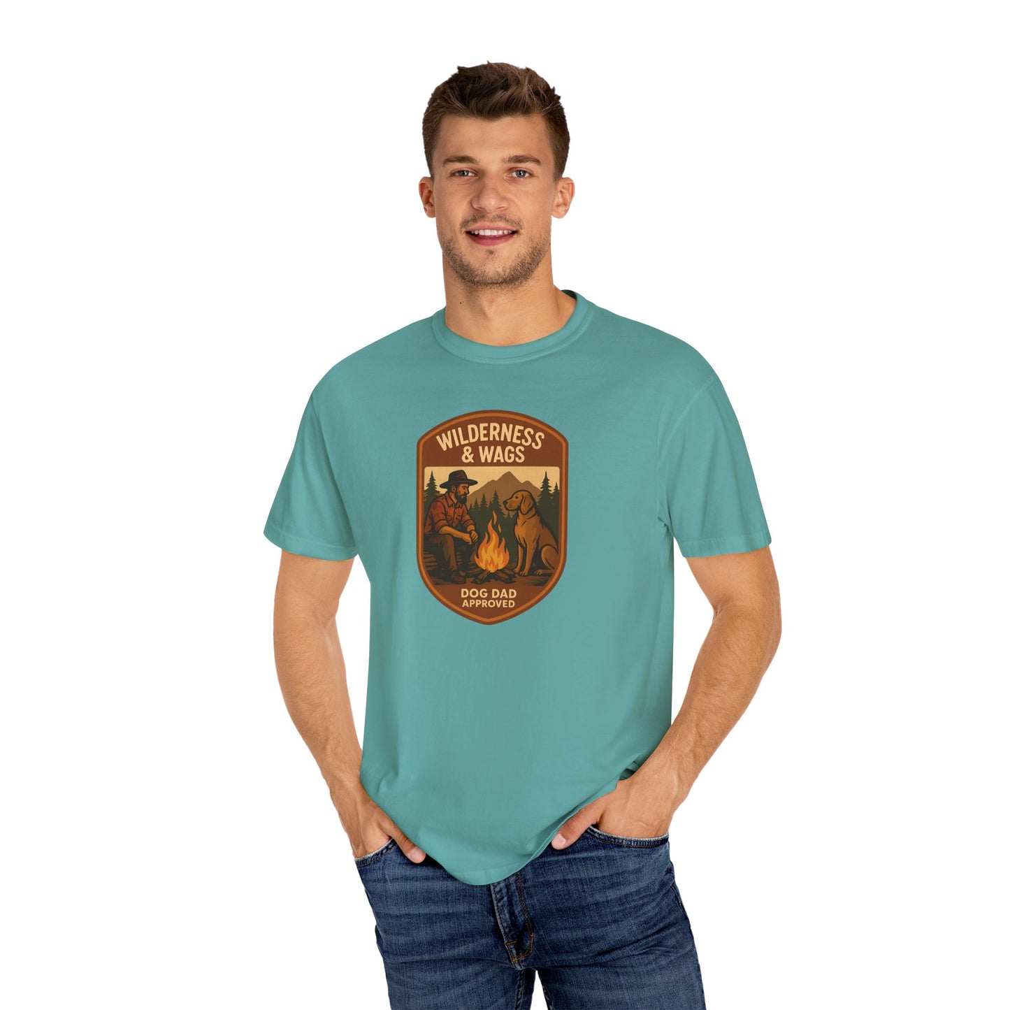 Wilderness & Wags Dog Dad Unisex T-Shirt, Dog Lover Gift, Camping Tee, Father’s Day Apparel, Nature-Inspired Shirt