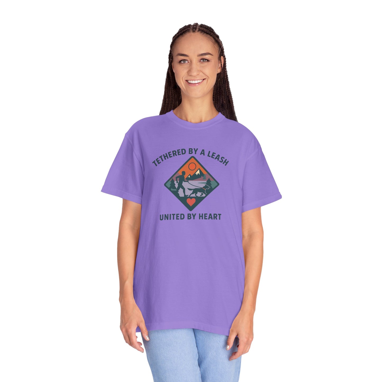 Canicross - Tethered by a Leash Unisex Garment-Dyed T-shirt - Adventure and Heart Design