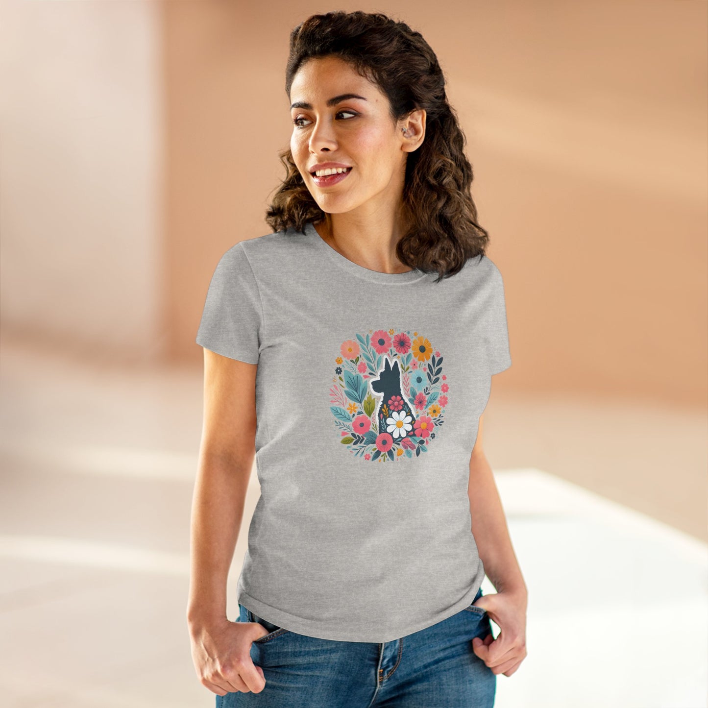 Floral Dog Silhouette Tee, Women's Cotton T-Shirt, Animal Lover Gift, Cute Summer Top, Pet Owner Apparel, Nature Inspired Design