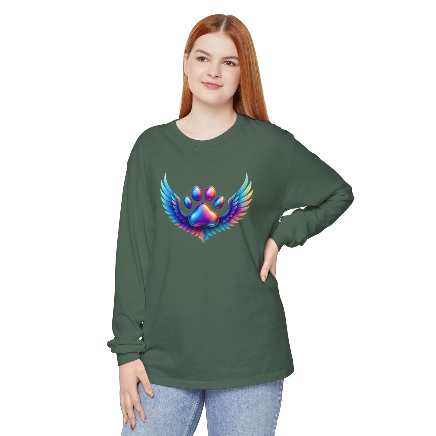 Colorful Paw Print Long Sleeve T-Shirt, Animal Lover Gift, Pet Memorial Tee, Winged Paw Shirt, Unisex Graphic Tee