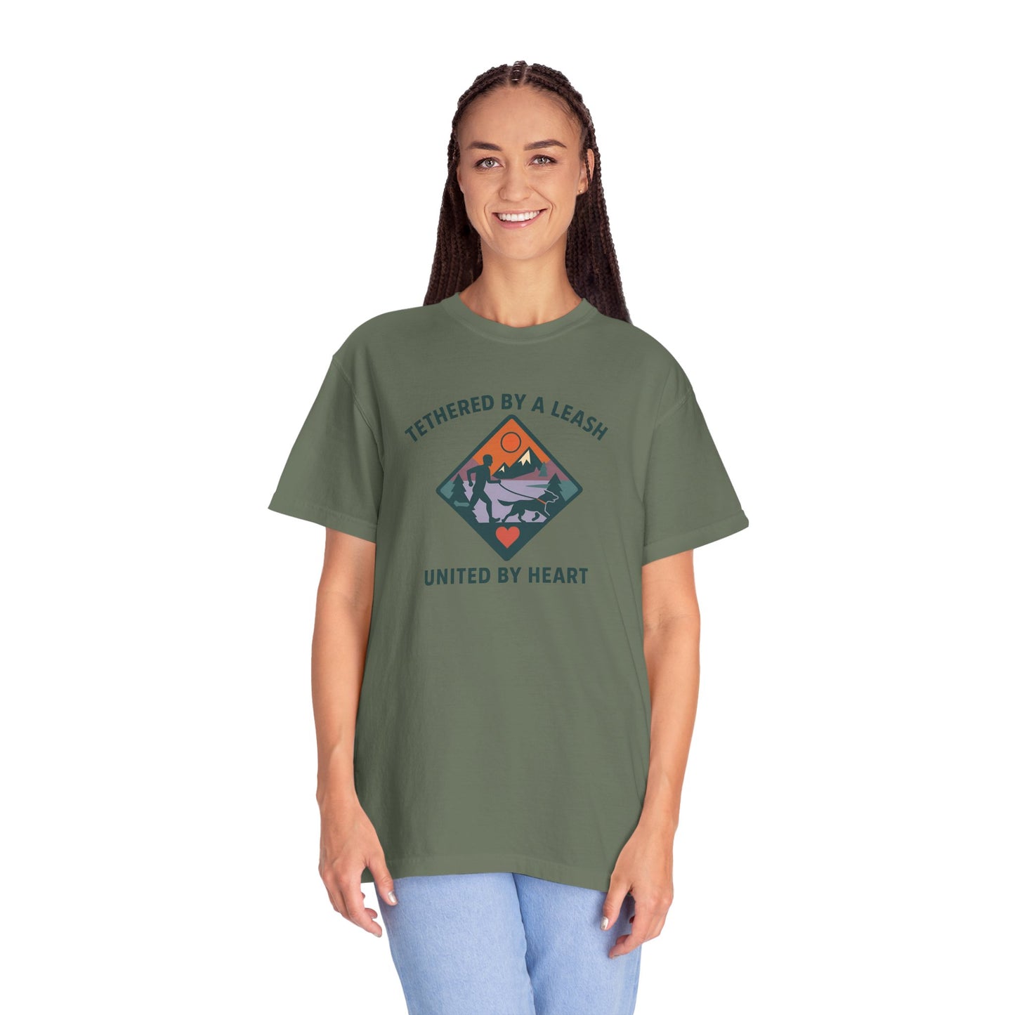 Canicross - Tethered by a Leash Unisex Garment-Dyed T-shirt - Adventure and Heart Design