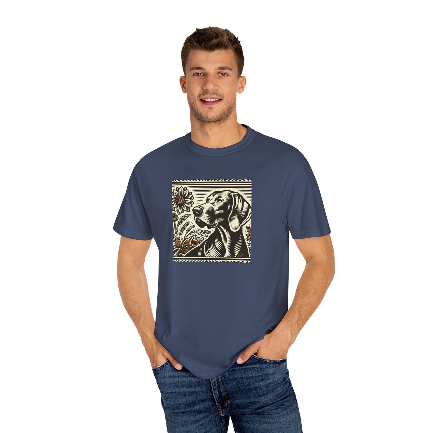 Weimaraner Dog Lover's Unisex Garment-Dyed T-Shirt with Floral Design