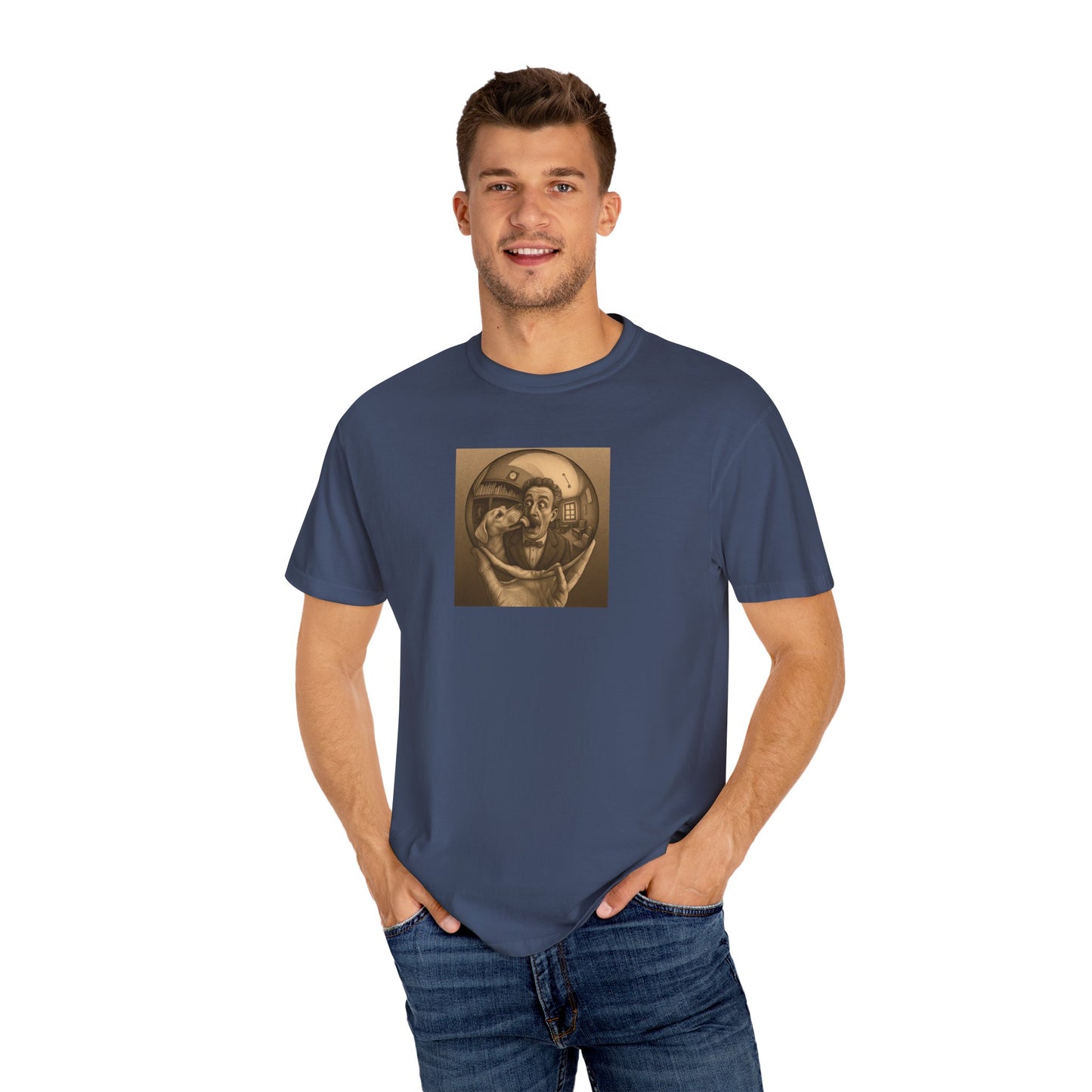 MC Escher and His Dog Unisex Garment-Dyed T-shirt - Retro Design for Creative Souls