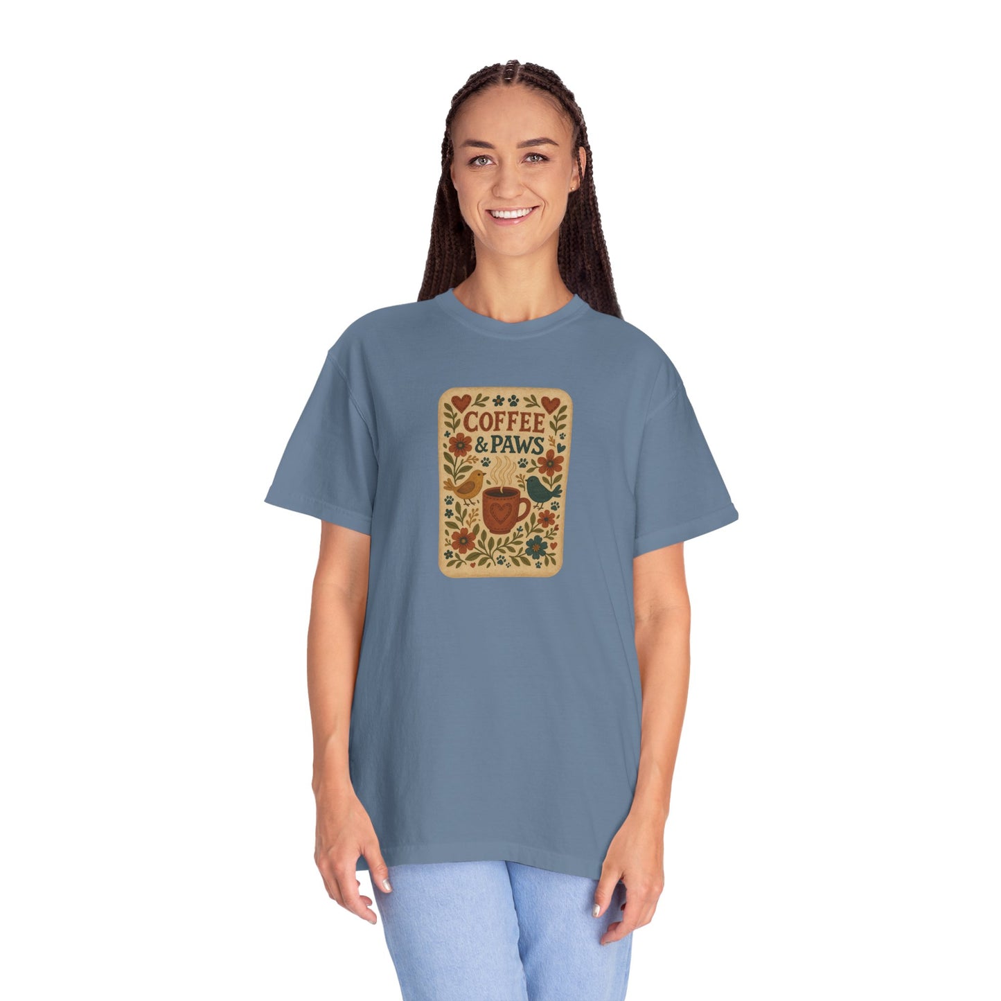 Coffee and Paws Unisex T-Shirt | Cute Pet Lover Tee, Gift for Dog Owners, Casual Wear, Animal Lover Apparel, Perfect for Coffee Lovers