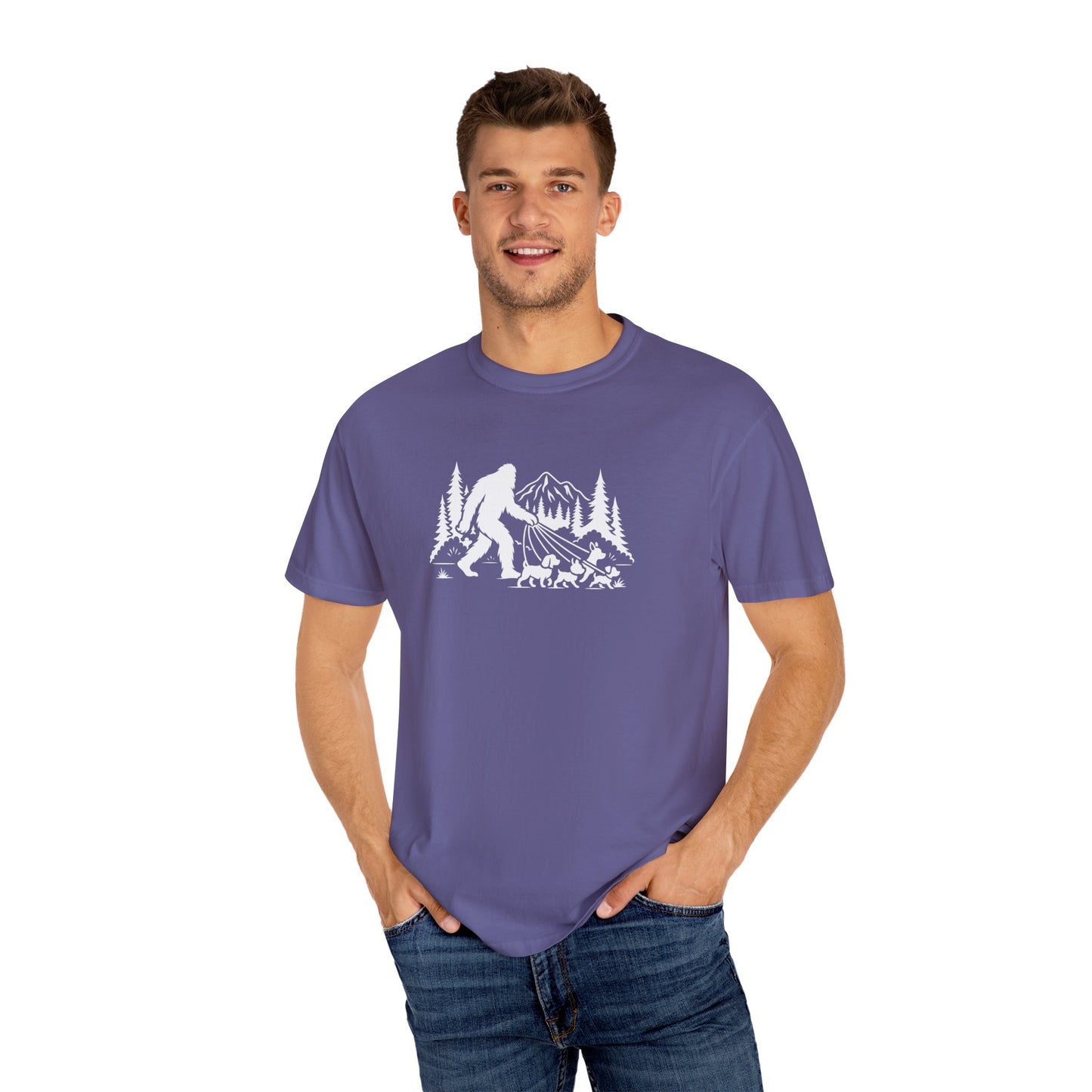 Bigfoot dog walk T-Shirt with Outdoor Adventure Design