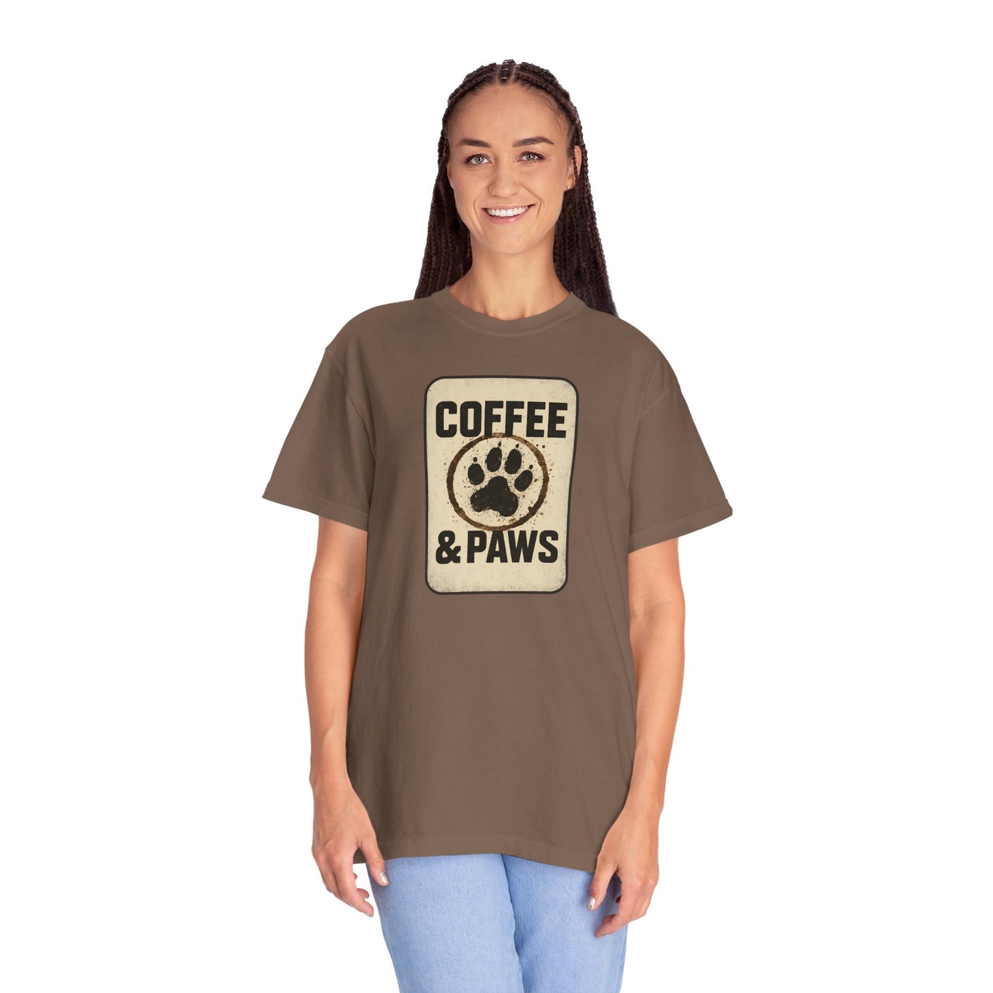 Coffee & Paws Unisex Garment-Dyed T-shirt, Dog Lover Tee, Pet Owner Gift, Coffee Lover Shirt, Animal Enthusiast Apparel, Casual Wear