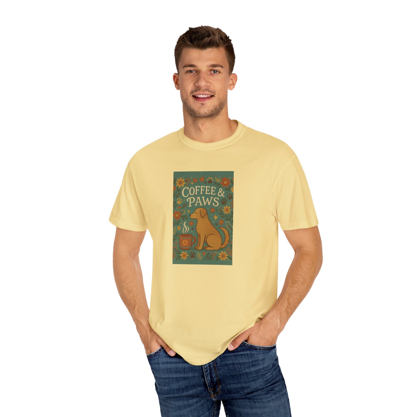 Coffee & Paws Unisex Garment-Dyed T-Shirt - Cute Dog Lovers Gift, Pet Owners Tee, Floral Design, Coffee Enthusiast Top, Casual Wear